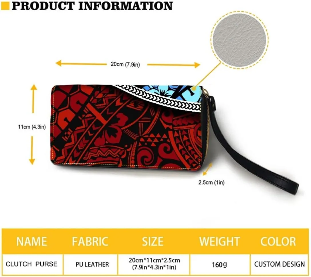 KIDVOVOU Women's Wristlet Wallets Clutch Purses Polynesian Print Zipper PU Leather RFID Blocking Handbag,Blue Red Polynesian Samoa,OneSize