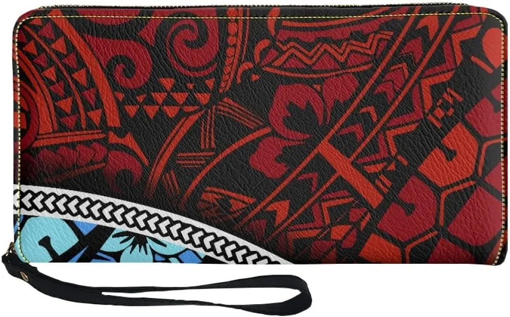 KIDVOVOU Women's Wristlet Wallets Clutch Purses Polynesian Print Zipper PU Leather RFID Blocking Handbag,Blue Red Polynesian Samoa,OneSize