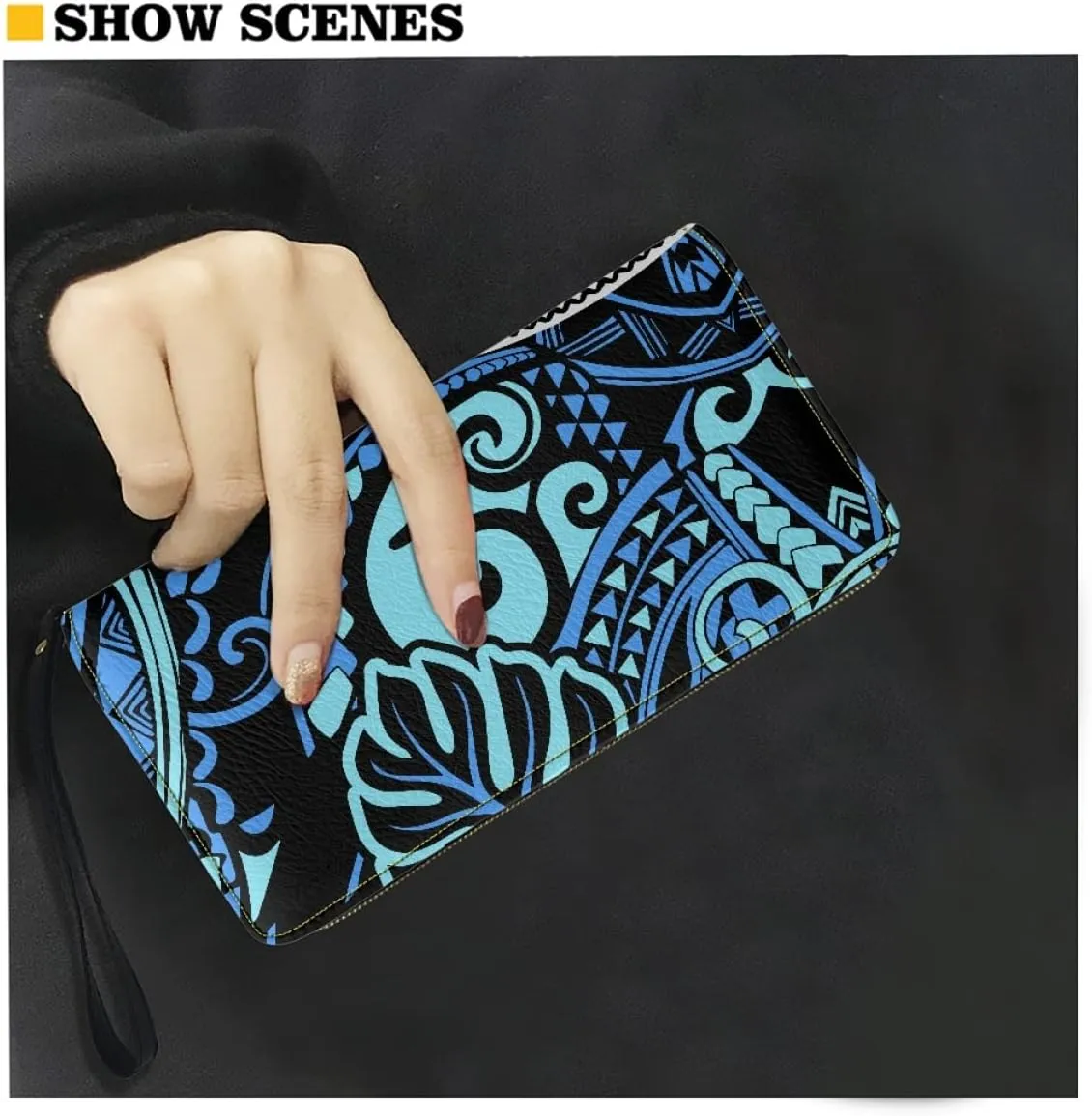 KIDVOVOU Women's Wristlet Wallets Clutch Purses Polynesian Print Zipper PU Leather RFID Blocking Handbag,Blue Red Polynesian Samoa,OneSize