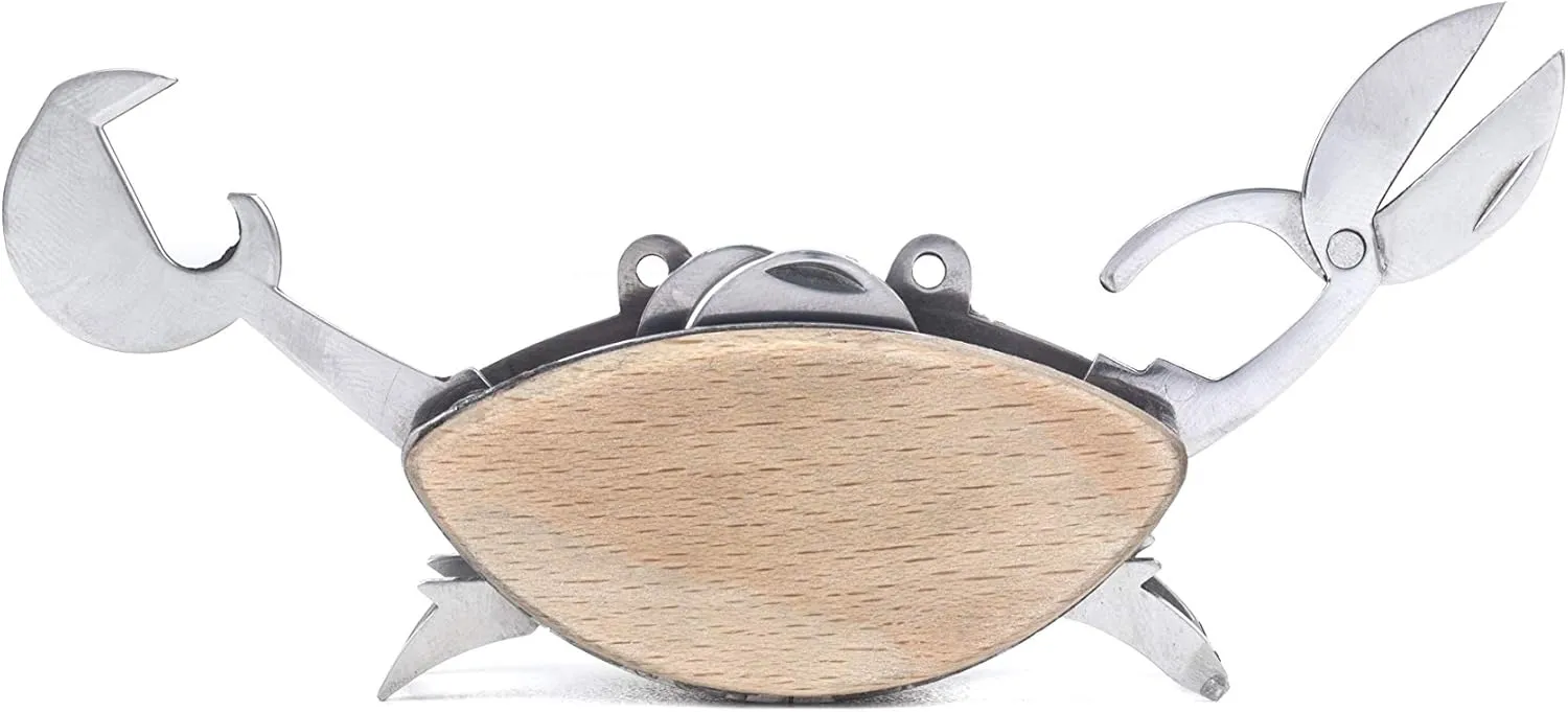 Kikkerland Stainless Steel Beechwood Crab Compact EDC Multi Tool - 6 Tools