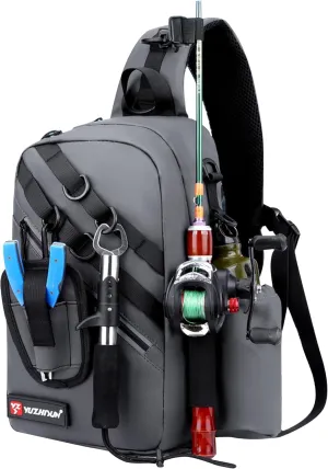 King'sGuard Fishing Sling Bag Fishing Tackle Backpack with Rod Holder Sling Tackle Storage Bag Crossbody Chest Bag for Men (Gray)