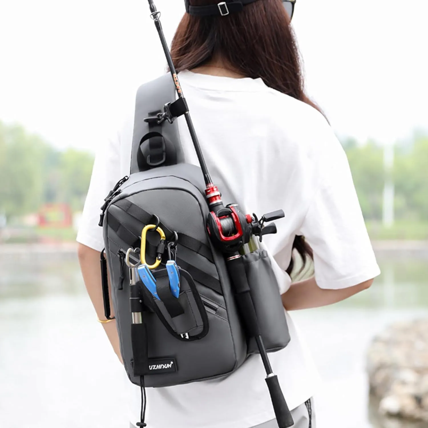 King'sGuard Fishing Sling Bag Fishing Tackle Backpack with Rod Holder Sling Tackle Storage Bag Crossbody Chest Bag for Men (Gray)