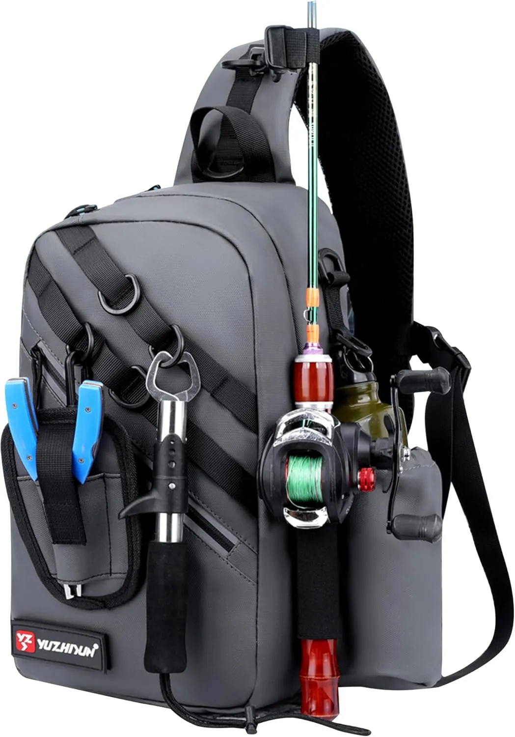 King'sGuard Fishing Sling Bag Fishing Tackle Backpack with Rod Holder Sling Tackle Storage Bag Crossbody Chest Bag for Men (Gray)