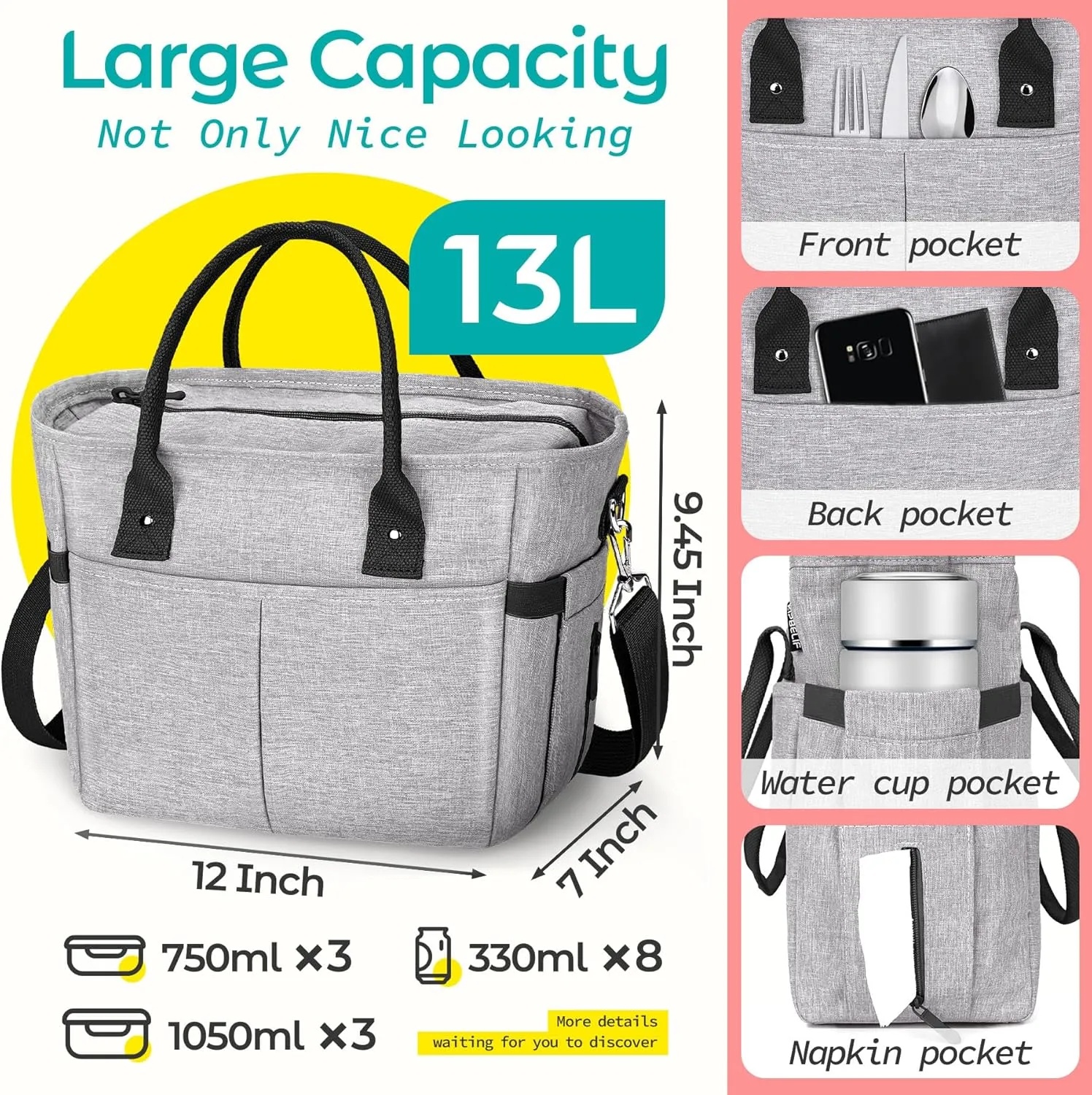 KIPBELIF Cute&Classy Roomy Insulated Lunch Bags for Women - Stylish & Functional Large Tote Adult Lunch Box for Working & Picnic