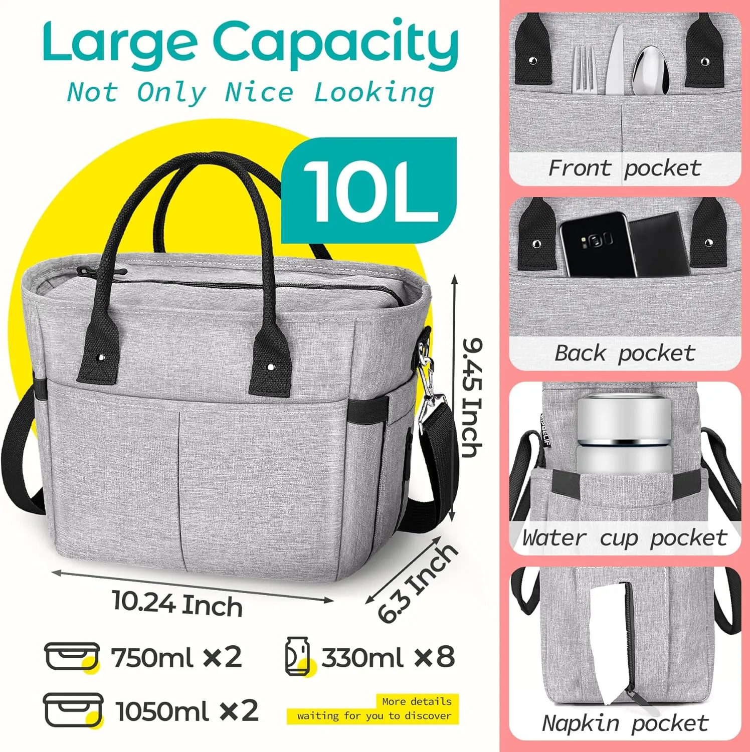 KIPBELIF Cute&Classy Roomy Insulated Lunch Bags for Women - Stylish & Functional Large Tote Adult Lunch Box for Working & Picnic