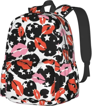 Kiss Red Nice Lips White Stars Laptop Commuter Backpack Shoulder Bag Casual Back Pack Daypack Bags With Side Pockets For Work Travel Daily Use