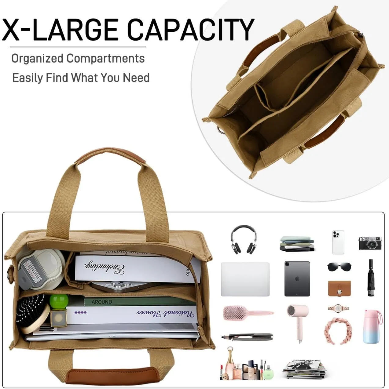 KKXIU Large Canvas Tote Bag for Women with Zipper and Compartments Crossbody Work Bible Messenger Purse Bag With Pockets