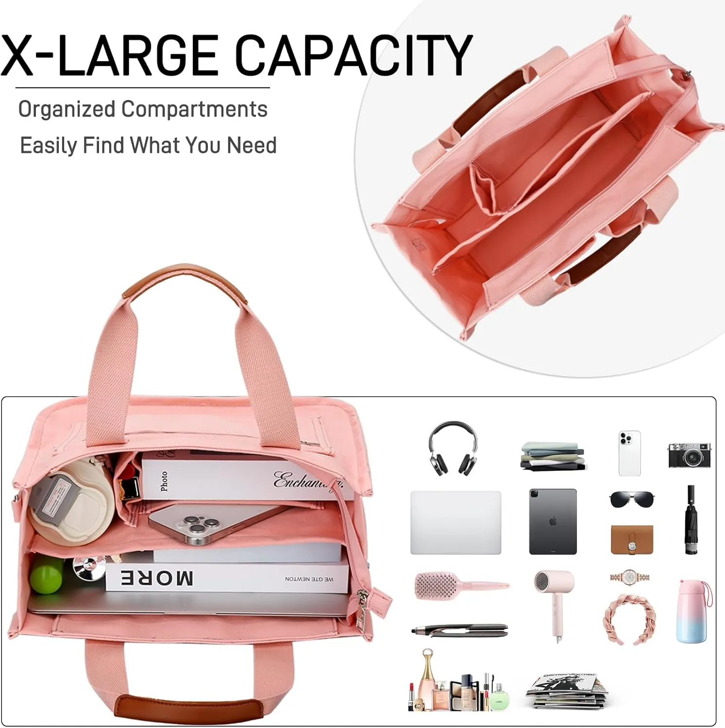 KKXIU Large Canvas Tote Bag for Women with Zipper and Compartments Crossbody Work Bible Messenger Purse Bag With Pockets
