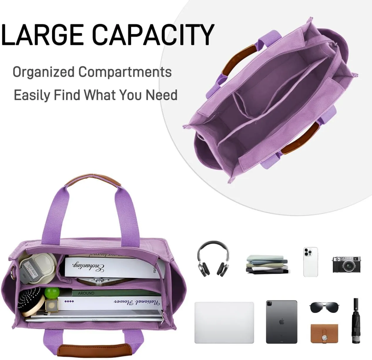 KKXIU Large Canvas Tote Bag for Women with Zipper and Compartments Crossbody Work Bible Messenger Purse Bag With Pockets
