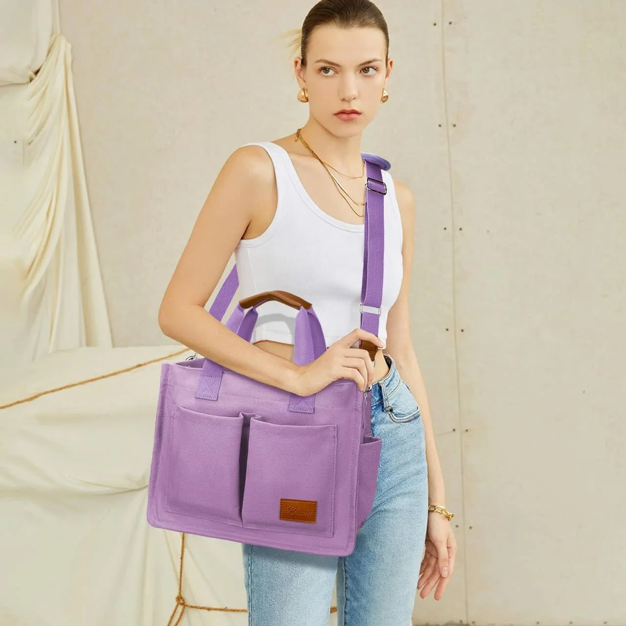 KKXIU Large Canvas Tote Bag for Women with Zipper and Compartments Crossbody Work Bible Messenger Purse Bag With Pockets