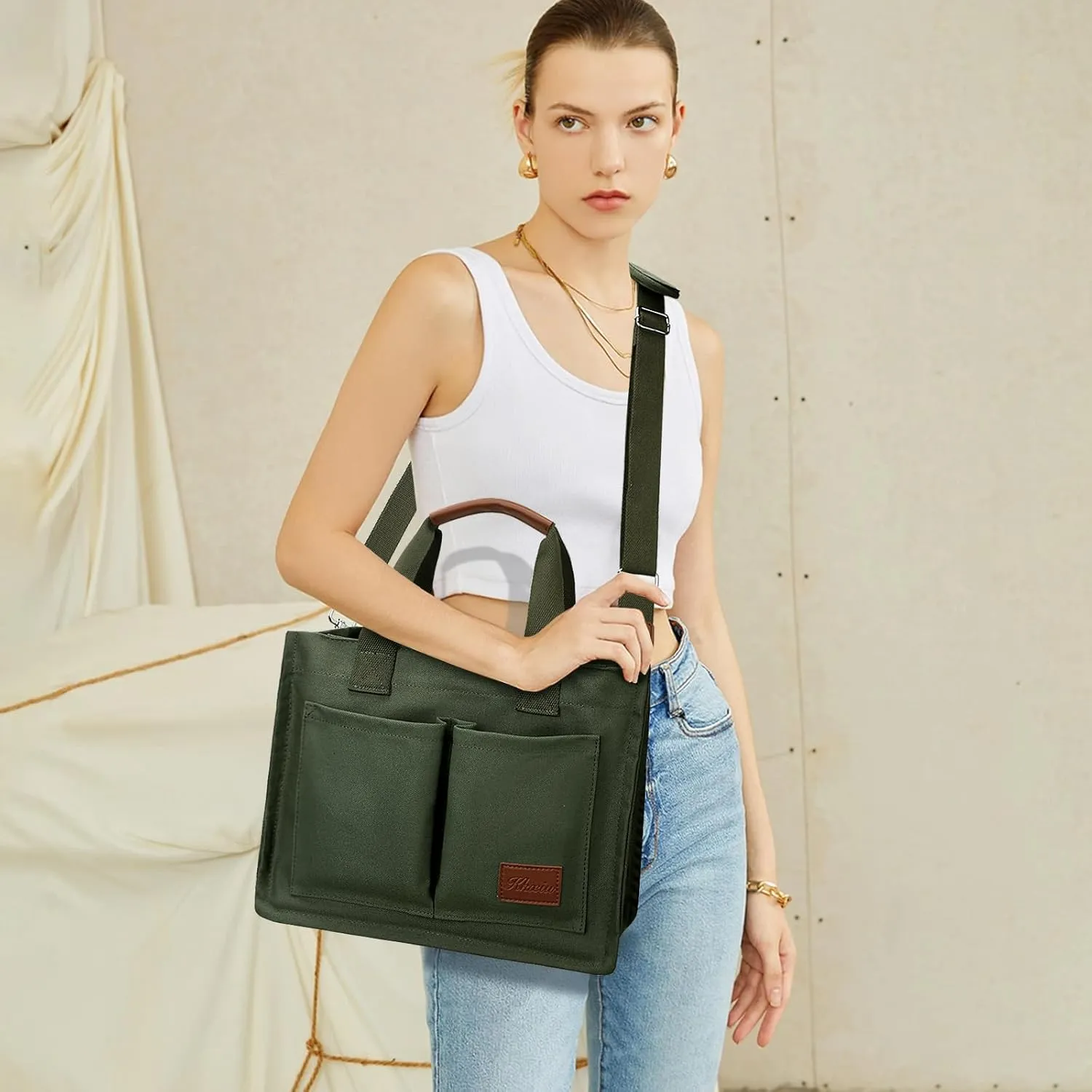 KKXIU Large Canvas Tote Bag for Women with Zipper and Compartments Crossbody Work Bible Messenger Purse Bag With Pockets