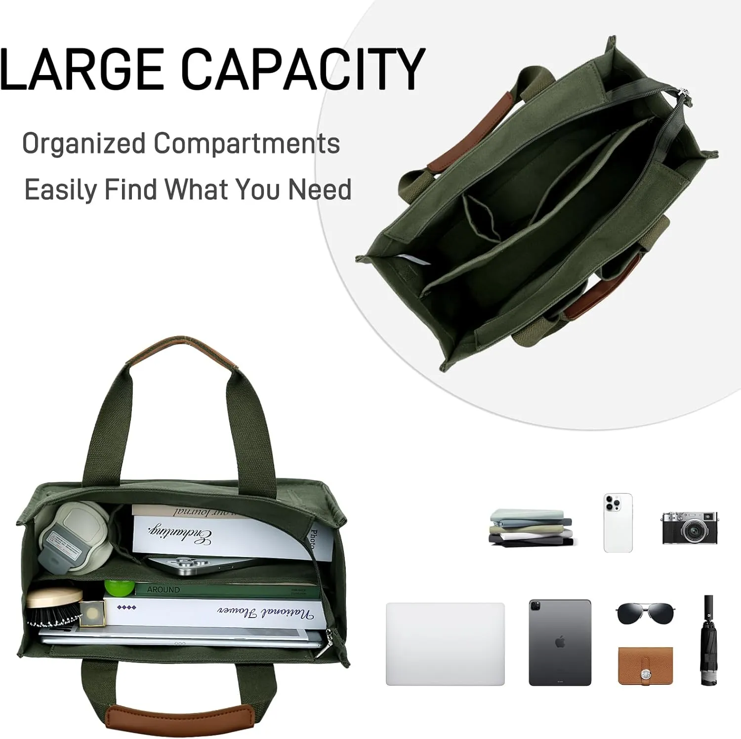 KKXIU Large Canvas Tote Bag for Women with Zipper and Compartments Crossbody Work Bible Messenger Purse Bag With Pockets