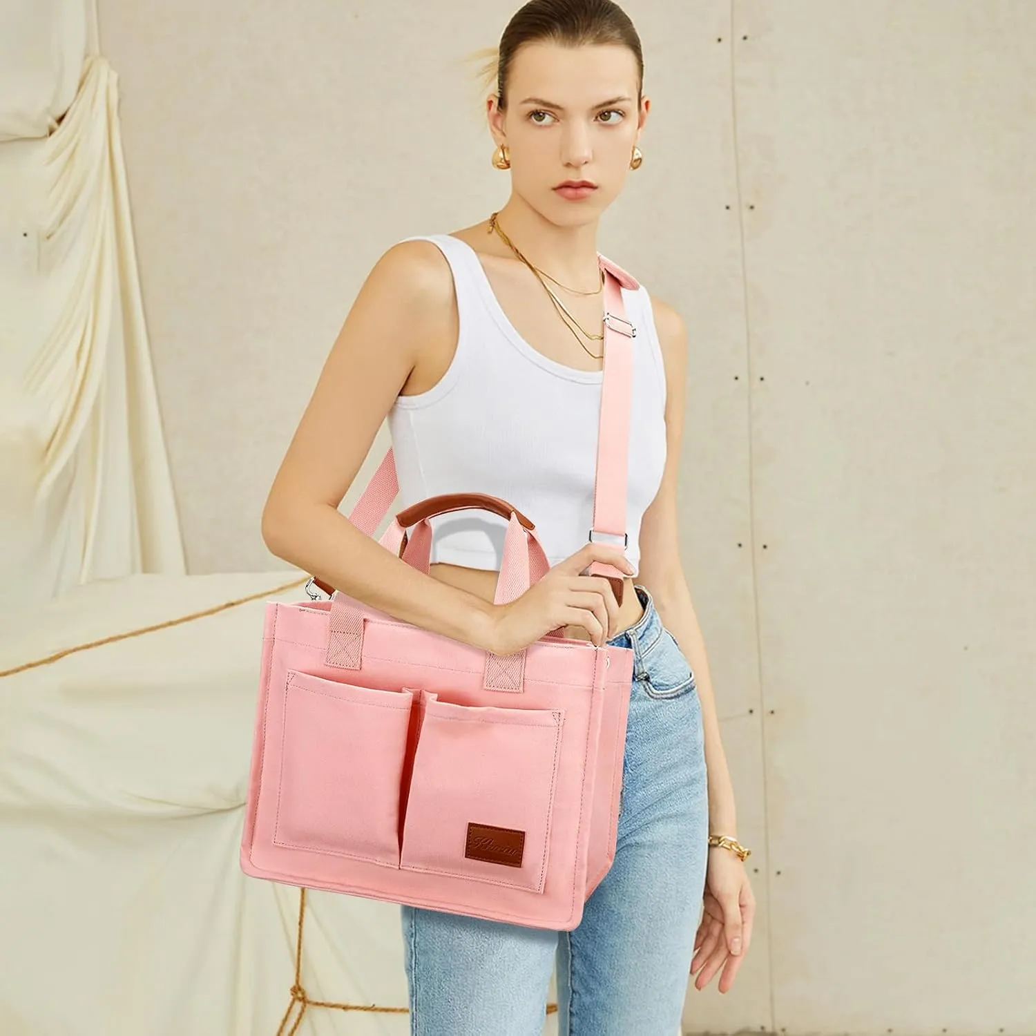 KKXIU Large Canvas Tote Bag for Women with Zipper and Compartments Crossbody Work Bible Messenger Purse Bag With Pockets