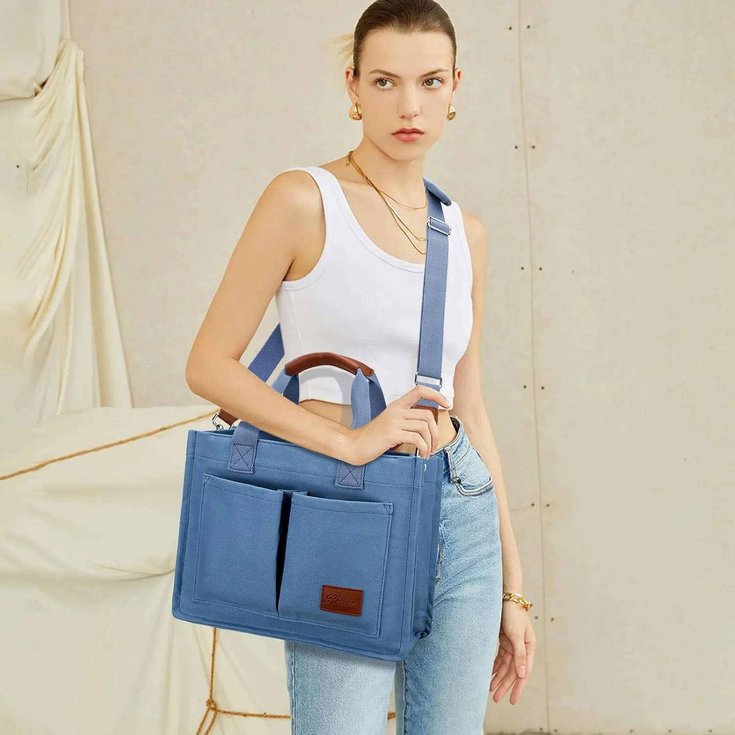 KKXIU Large Canvas Tote Bag for Women with Zipper and Compartments Crossbody Work Bible Messenger Purse Bag With Pockets