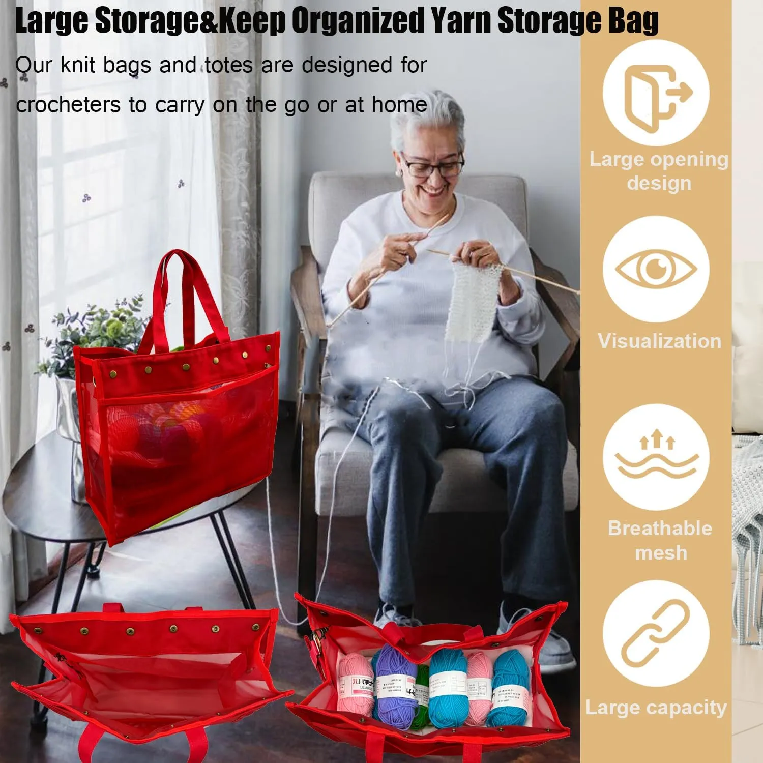 Knitting Bag Large Yarn Storage Organizer,Yarn Bags for Crocheting,Crochet Storage Bags for Crochet Hooks,Knitting Needles,Knit Bags Ideal Knitting & Crochet Gift(Red)