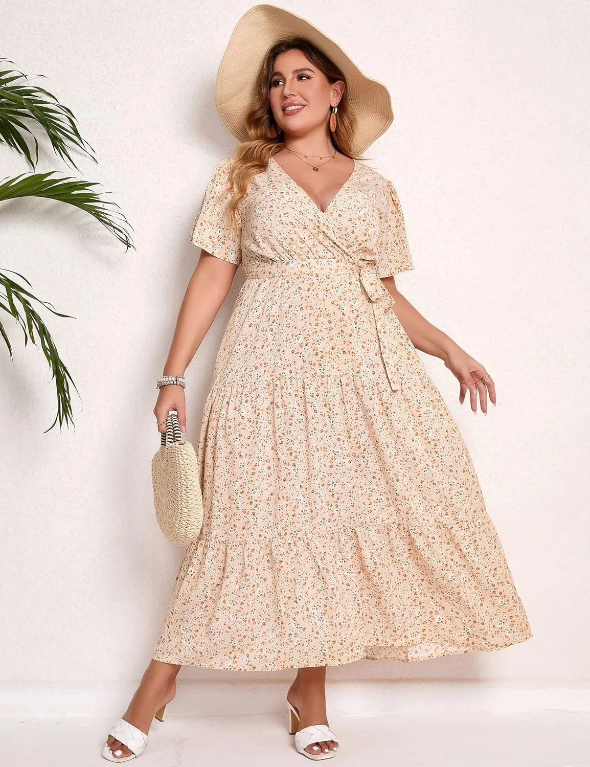 KOJOOIN Women Plus Size V Neck Wrap Maxi Dress Short Sleeves High Waist Ruffle Summer Casual Dress with Belt