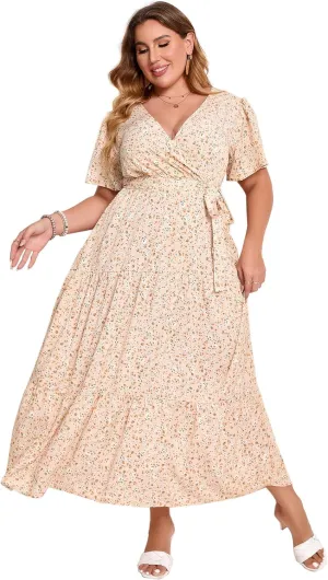 KOJOOIN Women Plus Size V Neck Wrap Maxi Dress Short Sleeves High Waist Ruffle Summer Casual Dress with Belt