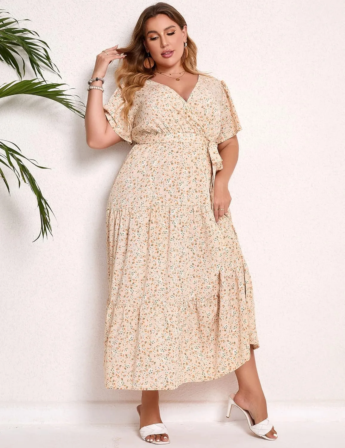 KOJOOIN Women Plus Size V Neck Wrap Maxi Dress Short Sleeves High Waist Ruffle Summer Casual Dress with Belt