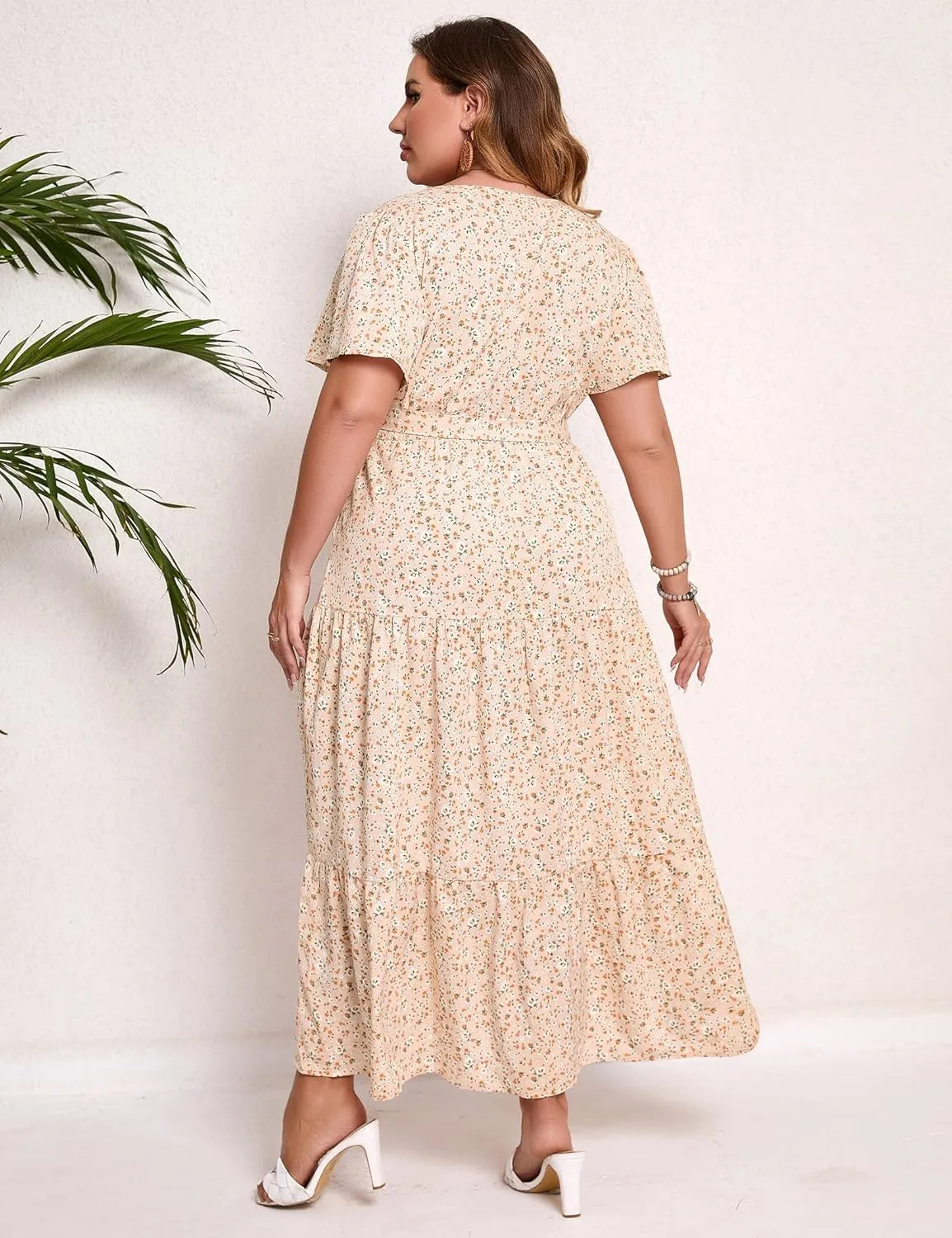 KOJOOIN Women Plus Size V Neck Wrap Maxi Dress Short Sleeves High Waist Ruffle Summer Casual Dress with Belt