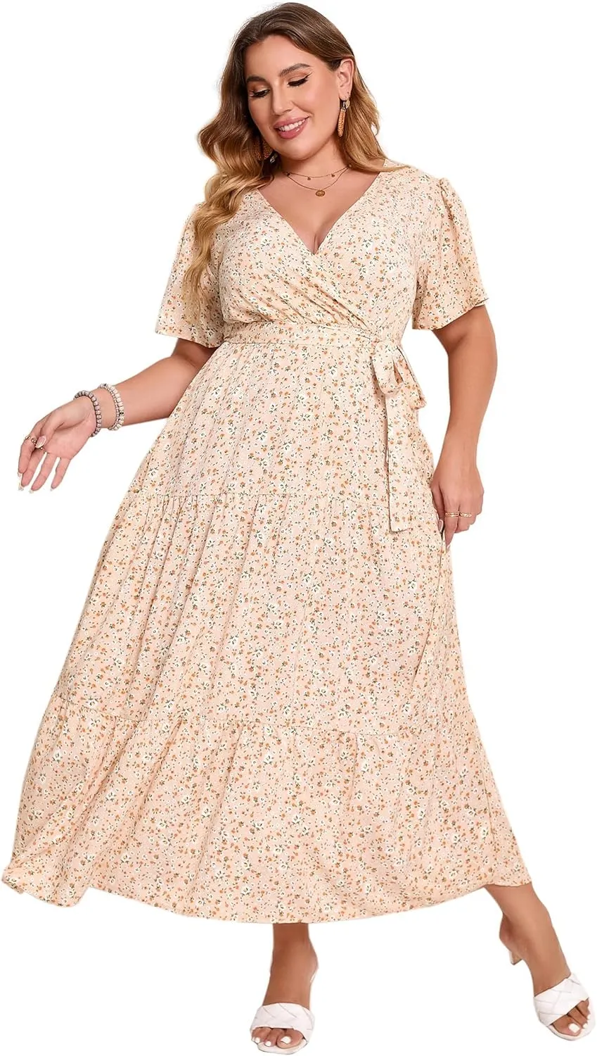 KOJOOIN Women Plus Size V Neck Wrap Maxi Dress Short Sleeves High Waist Ruffle Summer Casual Dress with Belt