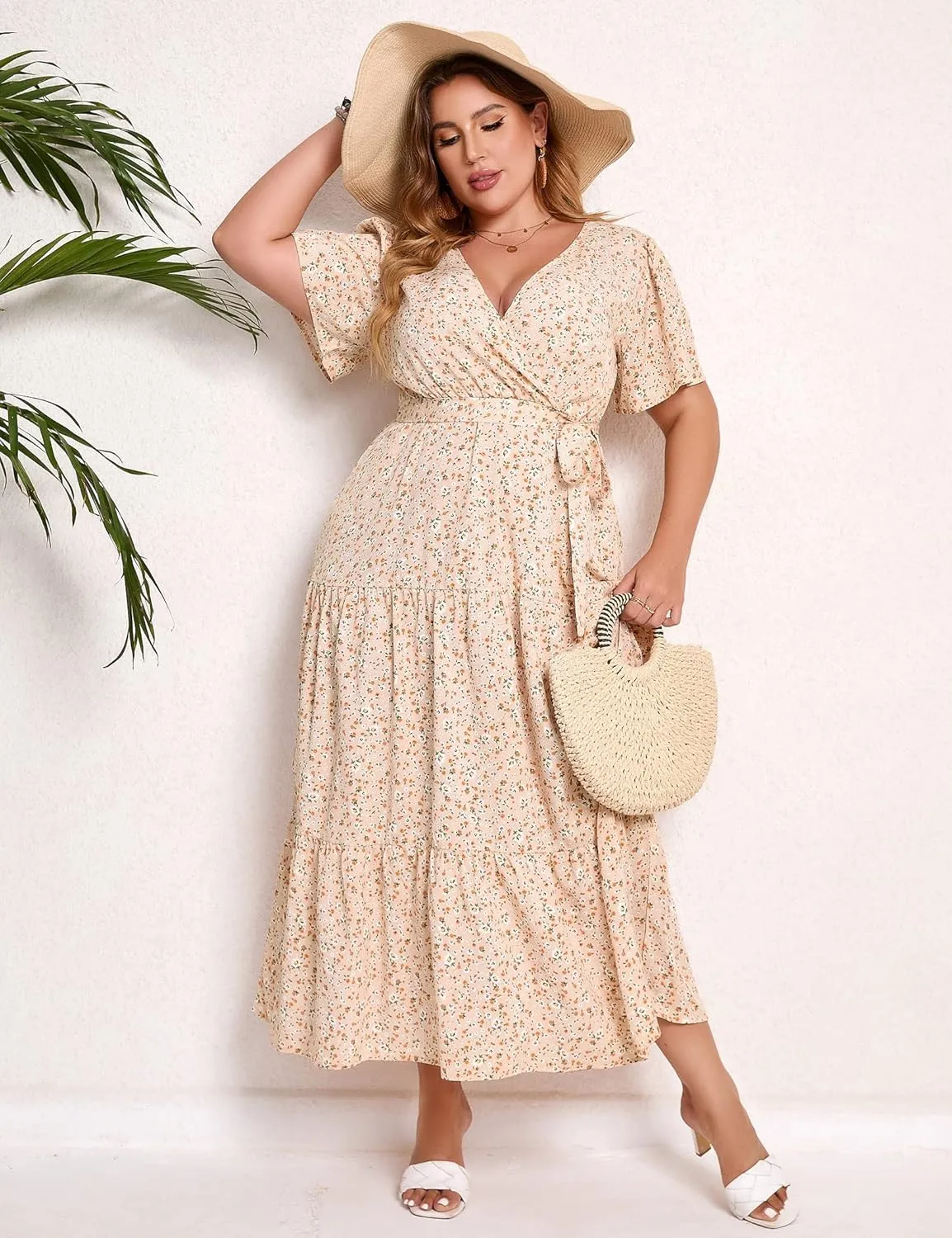 KOJOOIN Women Plus Size V Neck Wrap Maxi Dress Short Sleeves High Waist Ruffle Summer Casual Dress with Belt