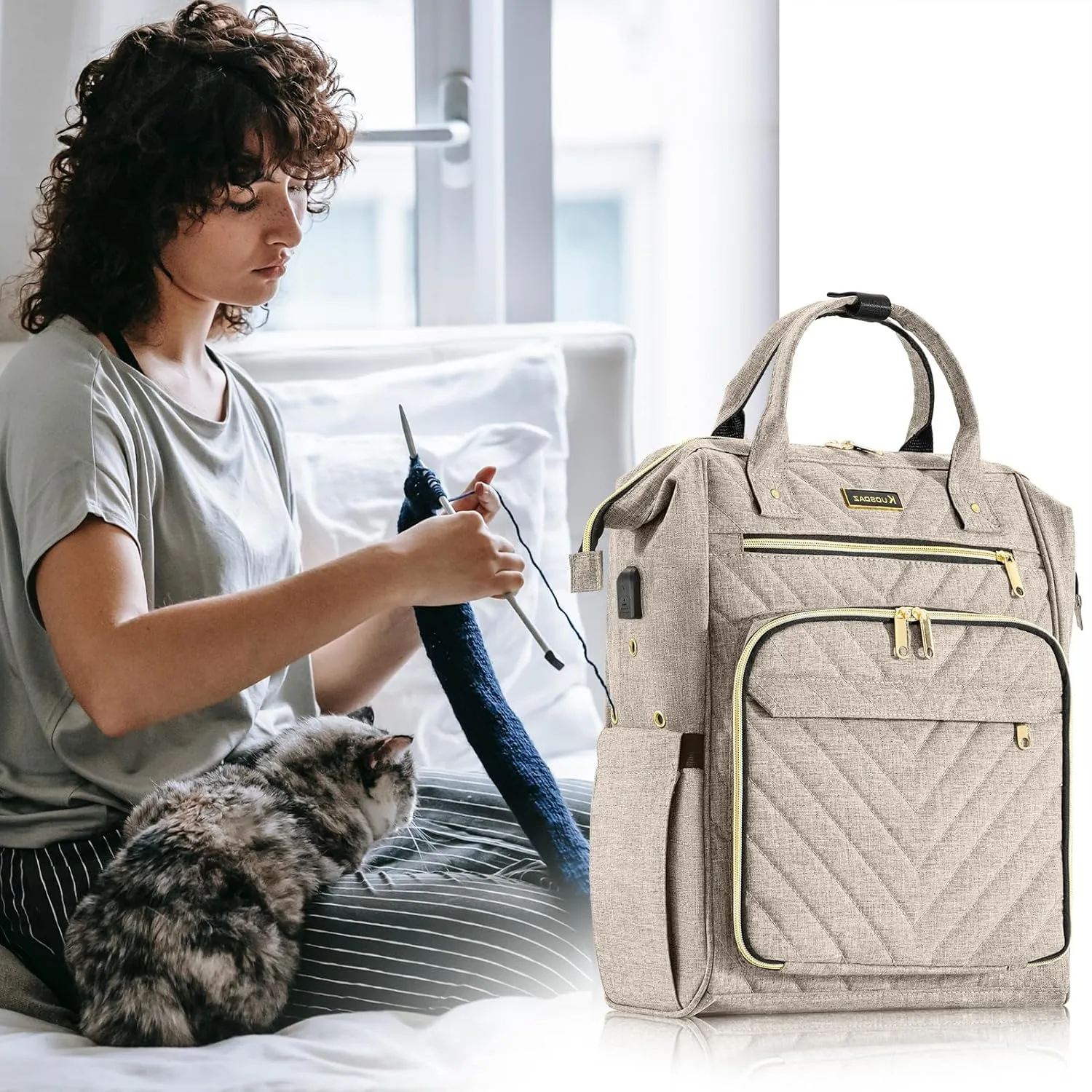 Kuosdaz Knitting Bag Backpack, Crochet Bag Tote, Yarn Organizer with USB Charging Port, Mothers Day Gifts Large Travel Yarn Storage Tote for Crochet Hooks, Knitting Needles, Yarn Supplies, Beige