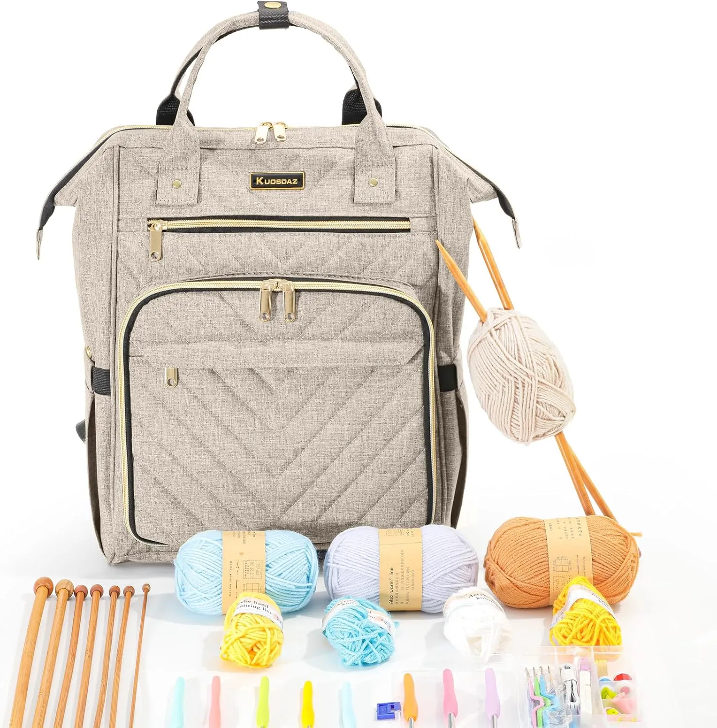 Kuosdaz Knitting Bag Backpack, Crochet Bag Tote, Yarn Organizer with USB Charging Port, Mothers Day Gifts Large Travel Yarn Storage Tote for Crochet Hooks, Knitting Needles, Yarn Supplies, Beige