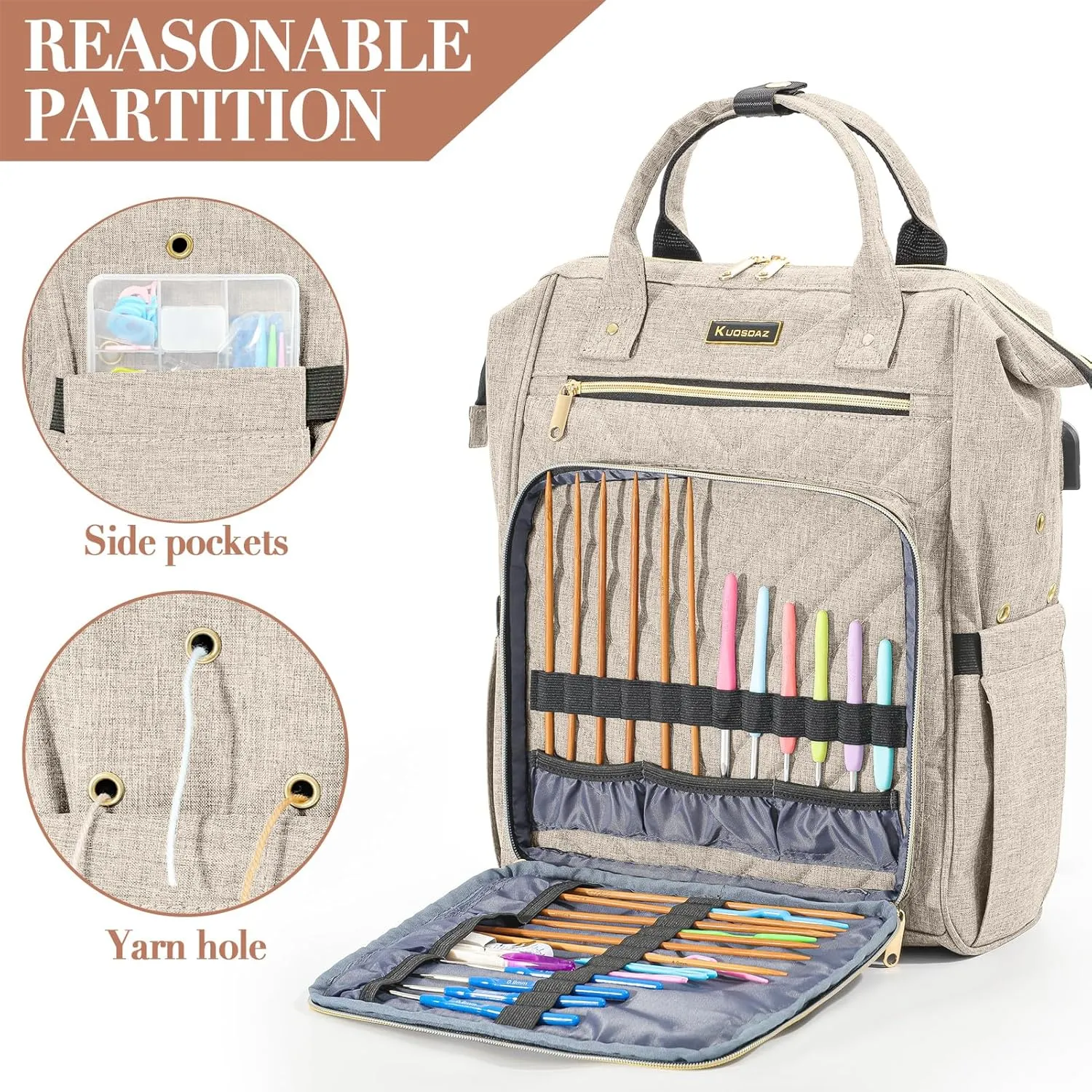 Kuosdaz Knitting Bag Backpack, Crochet Bag Tote, Yarn Organizer with USB Charging Port, Mothers Day Gifts Large Travel Yarn Storage Tote for Crochet Hooks, Knitting Needles, Yarn Supplies, Beige