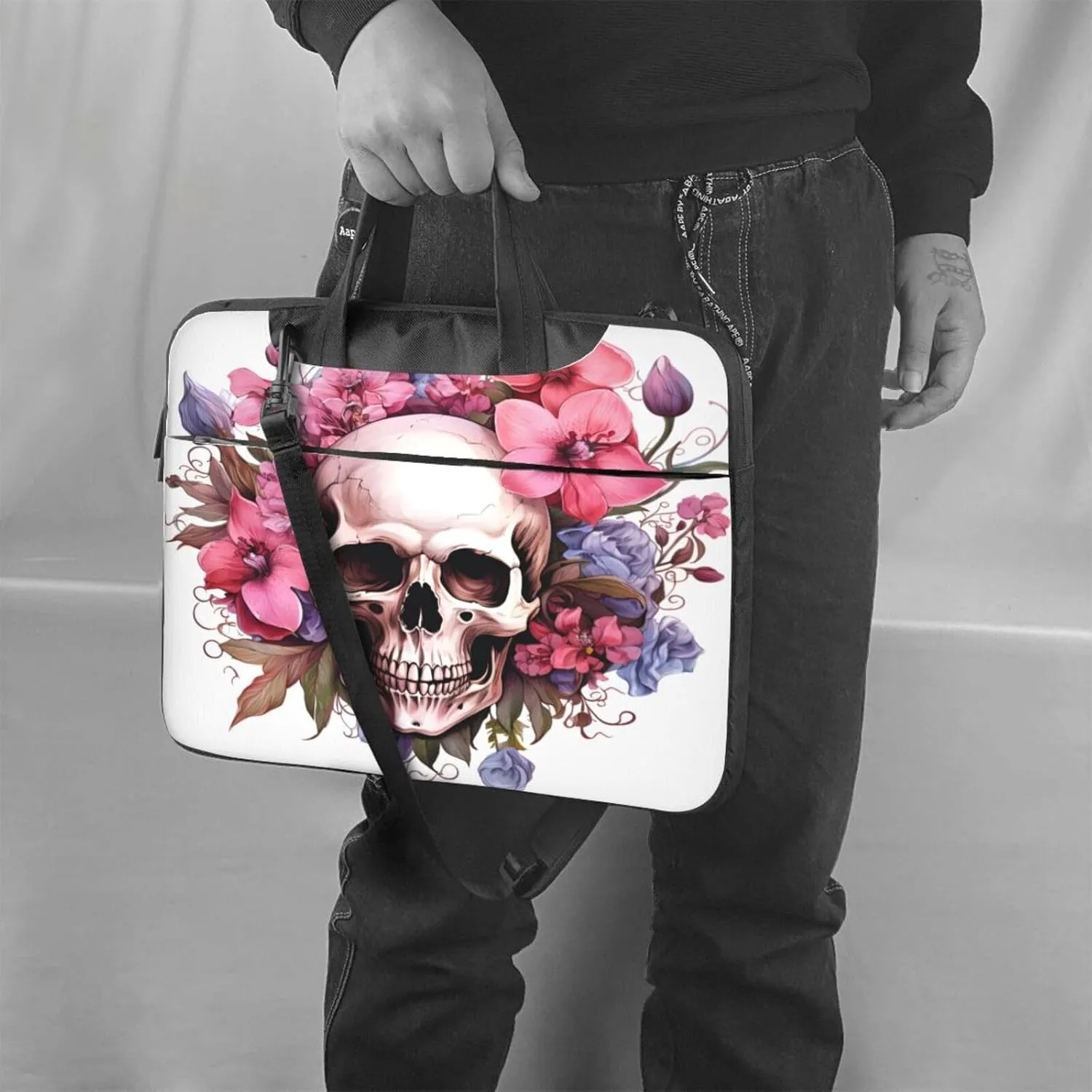 Laptop Bag Floral Flowers Skull Laptop Tote Bag Women Men Laptop Sleeve Case Lightweight Computer Bag