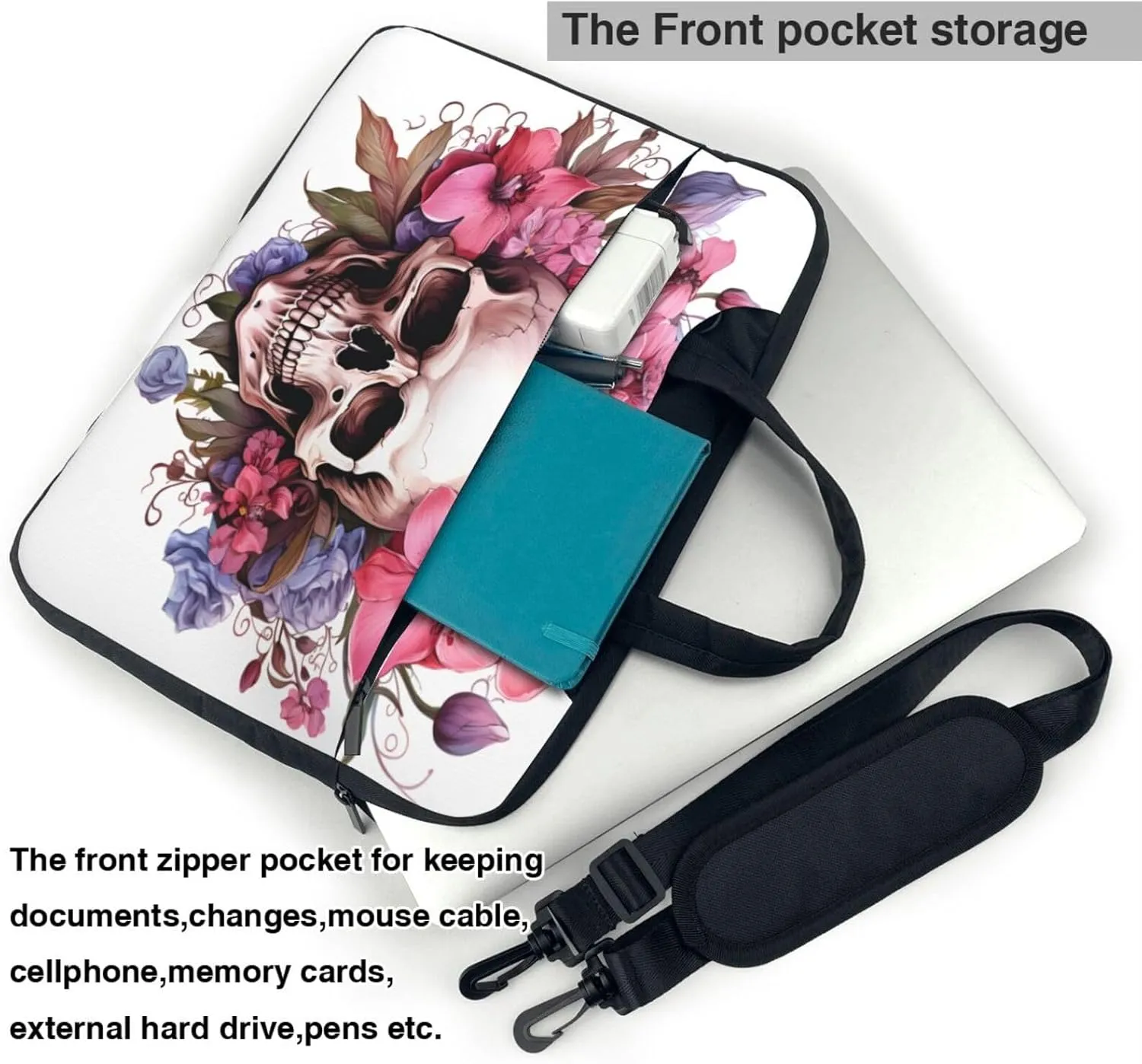 Laptop Bag Floral Flowers Skull Laptop Tote Bag Women Men Laptop Sleeve Case Lightweight Computer Bag