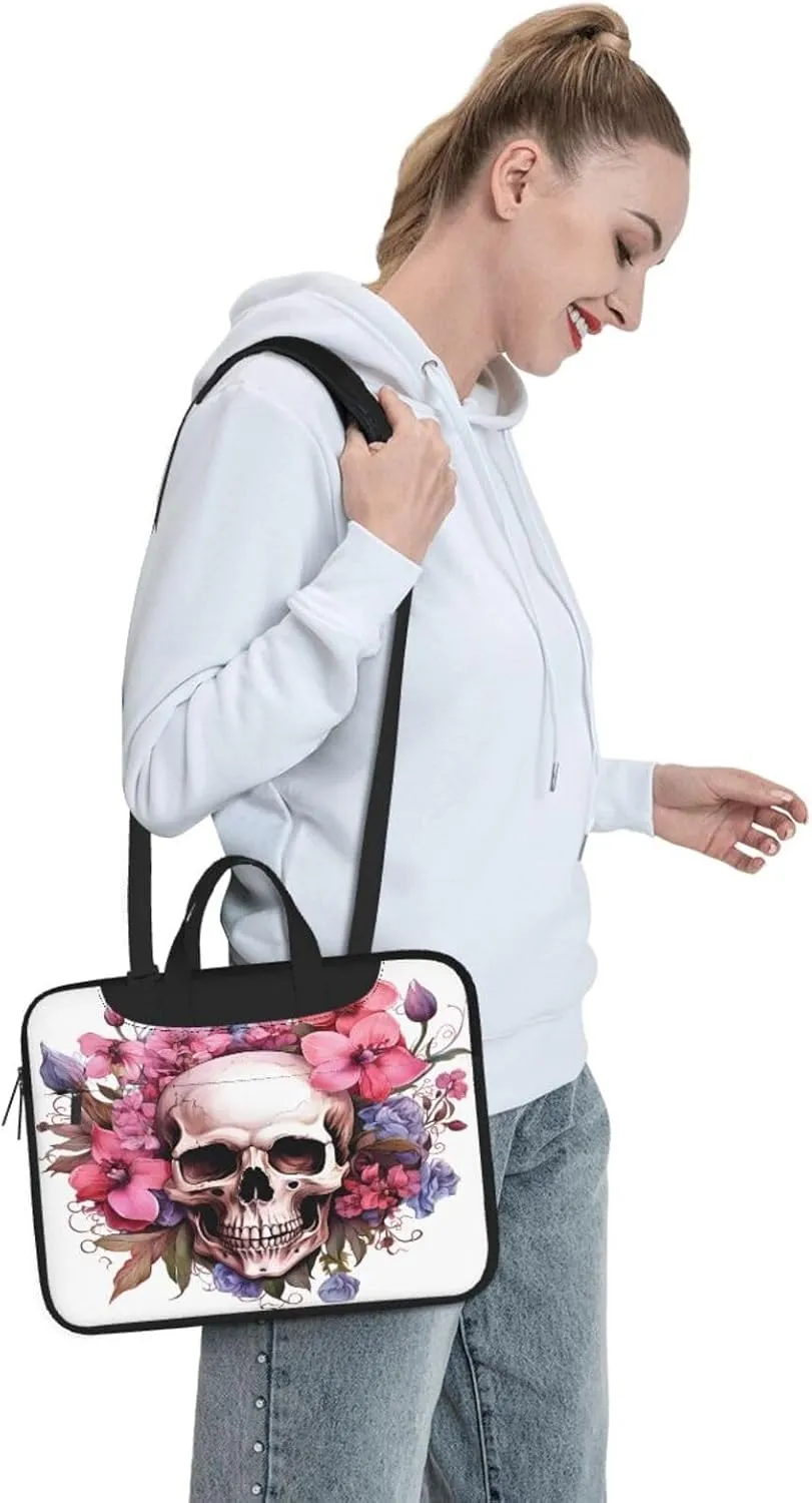 Laptop Bag Floral Flowers Skull Laptop Tote Bag Women Men Laptop Sleeve Case Lightweight Computer Bag