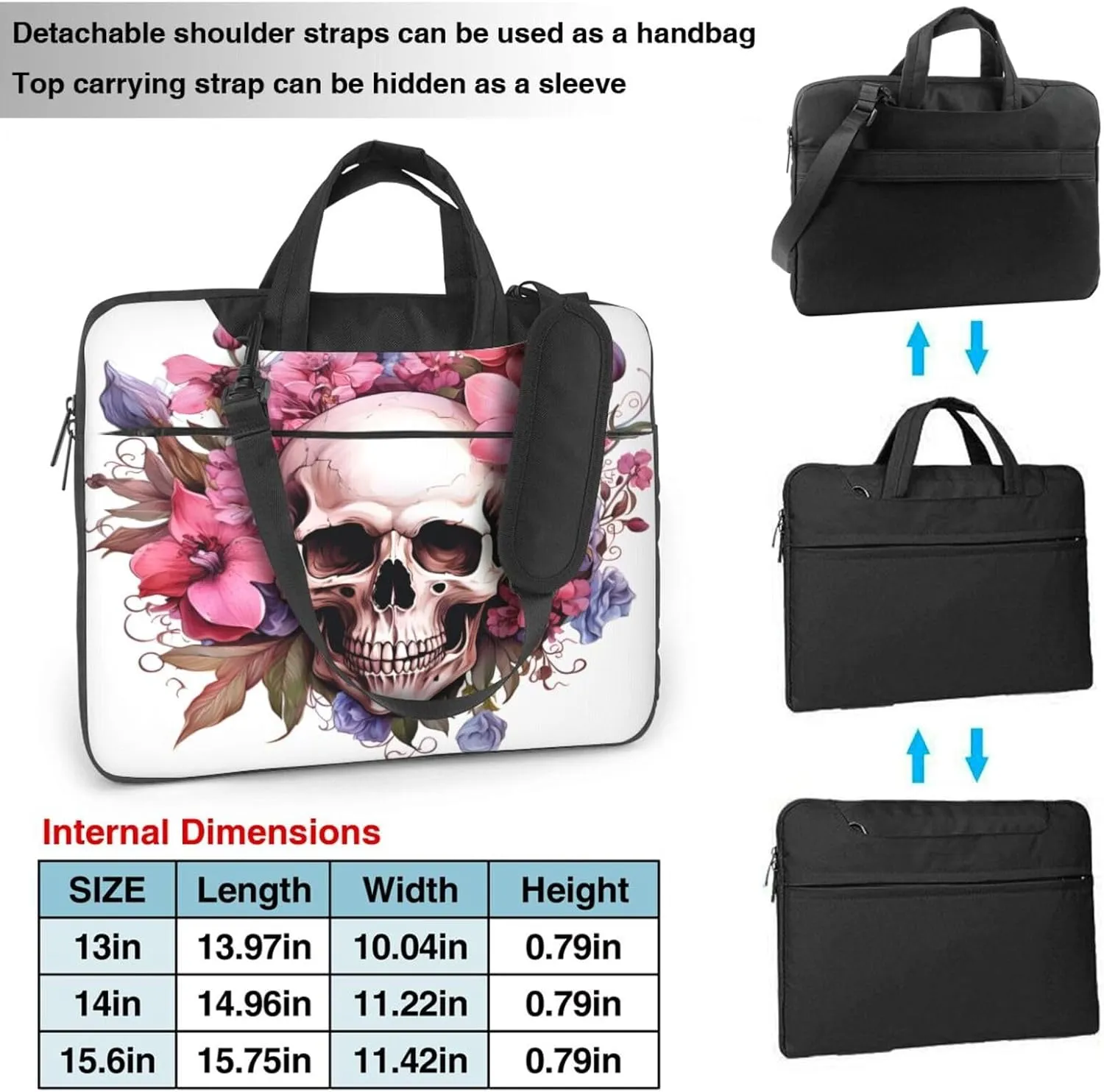 Laptop Bag Floral Flowers Skull Laptop Tote Bag Women Men Laptop Sleeve Case Lightweight Computer Bag