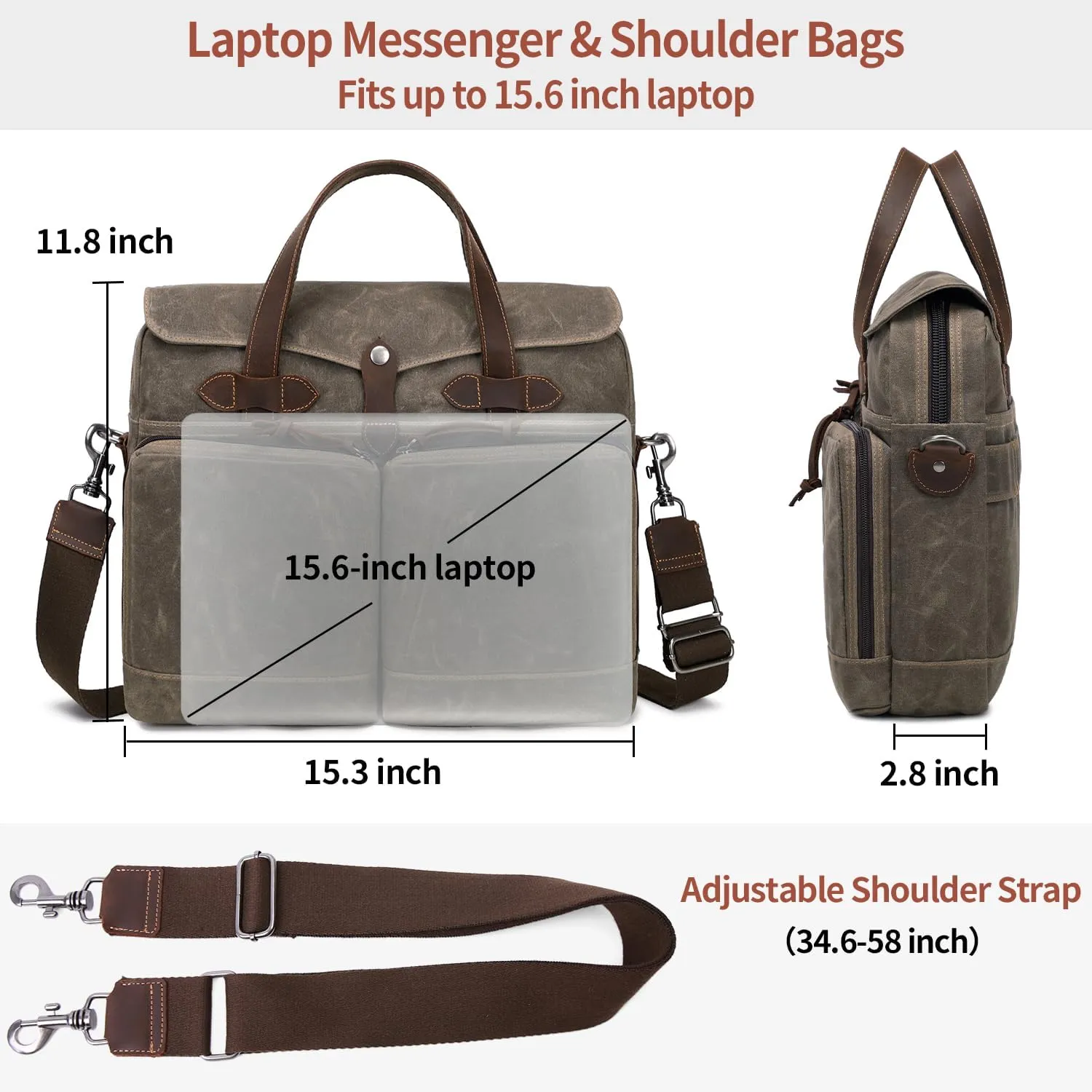 Laptop Bag for Men 15.6 Inch Messenger Bag Water-resistant Waxed Canvas Laptop Briefcase Computer Bag Shoulder Bag for Business Office Work, Light Green