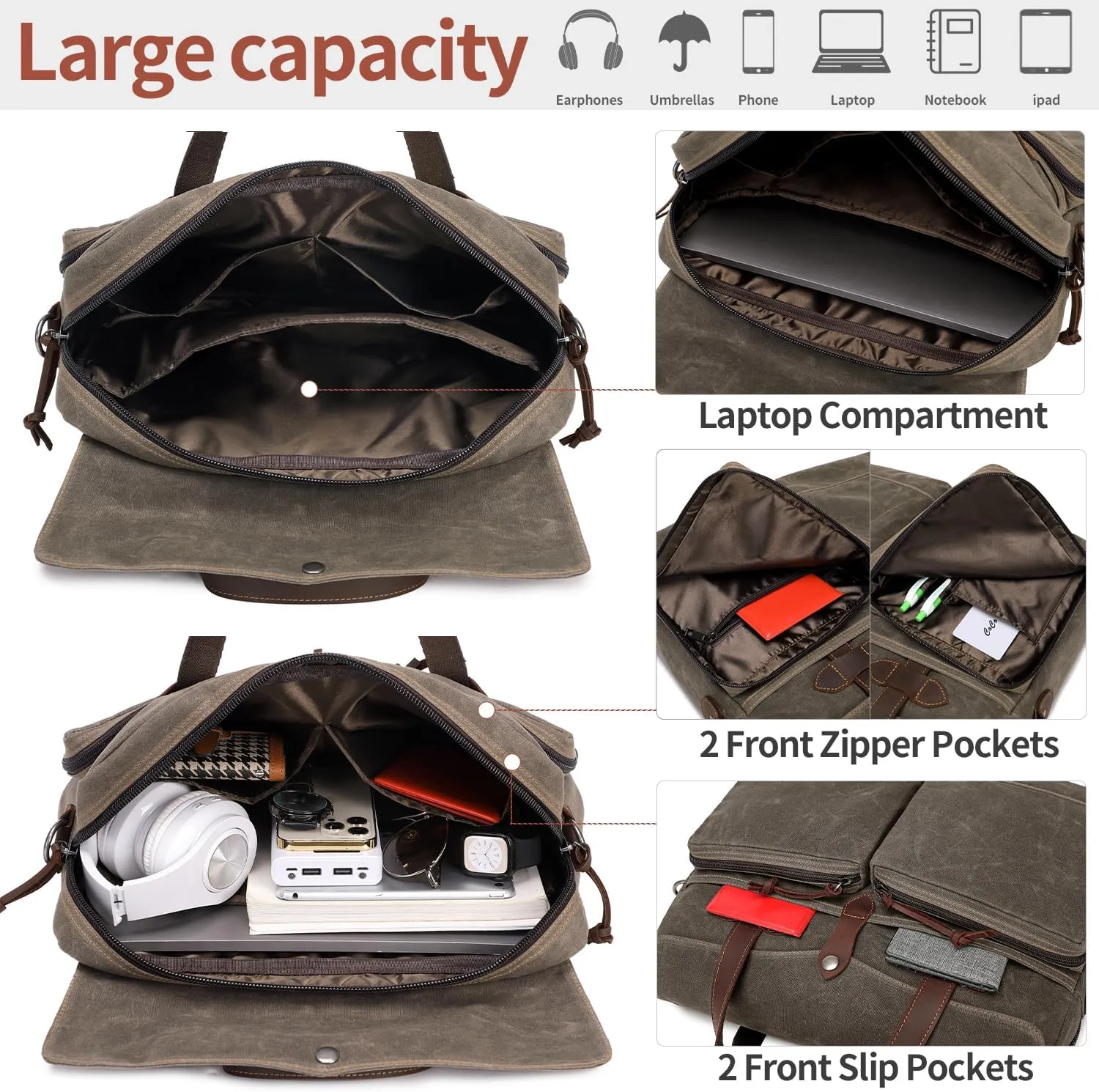 Laptop Bag for Men 15.6 Inch Messenger Bag Water-resistant Waxed Canvas Laptop Briefcase Computer Bag Shoulder Bag for Business Office Work, Light Green