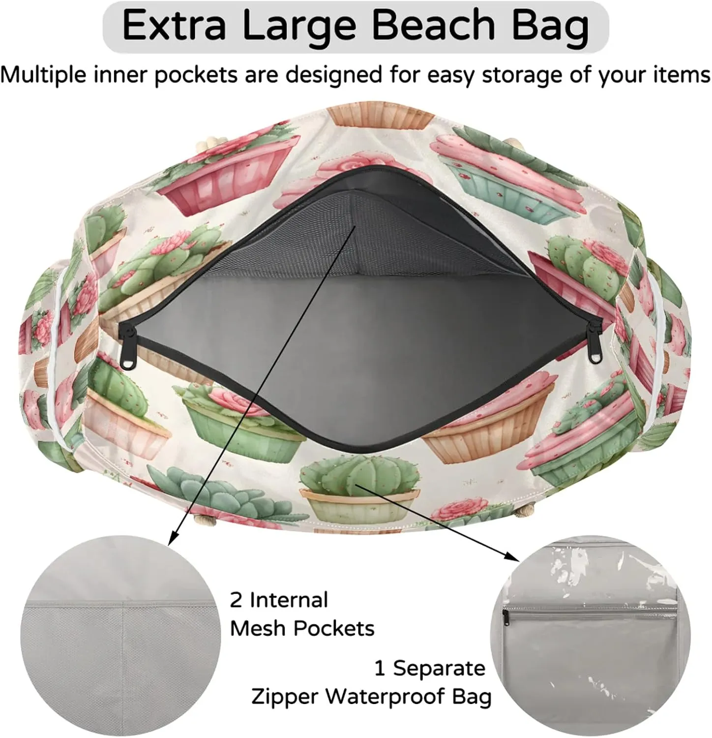 Large Beach Bags for Women and Men, Waterproof Tote with Zipper, Reusable Grocery Shopping Shoulder Bag