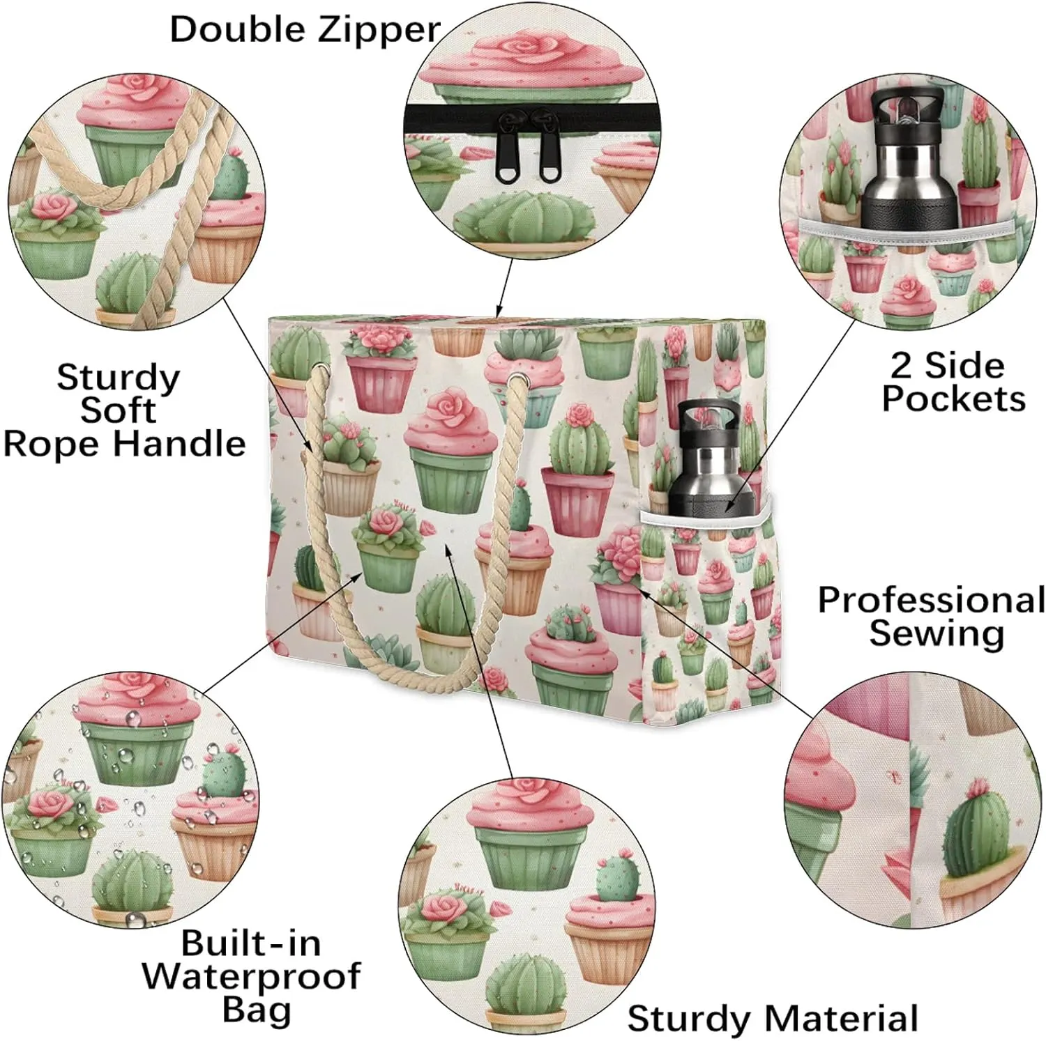 Large Beach Bags for Women and Men, Waterproof Tote with Zipper, Reusable Grocery Shopping Shoulder Bag