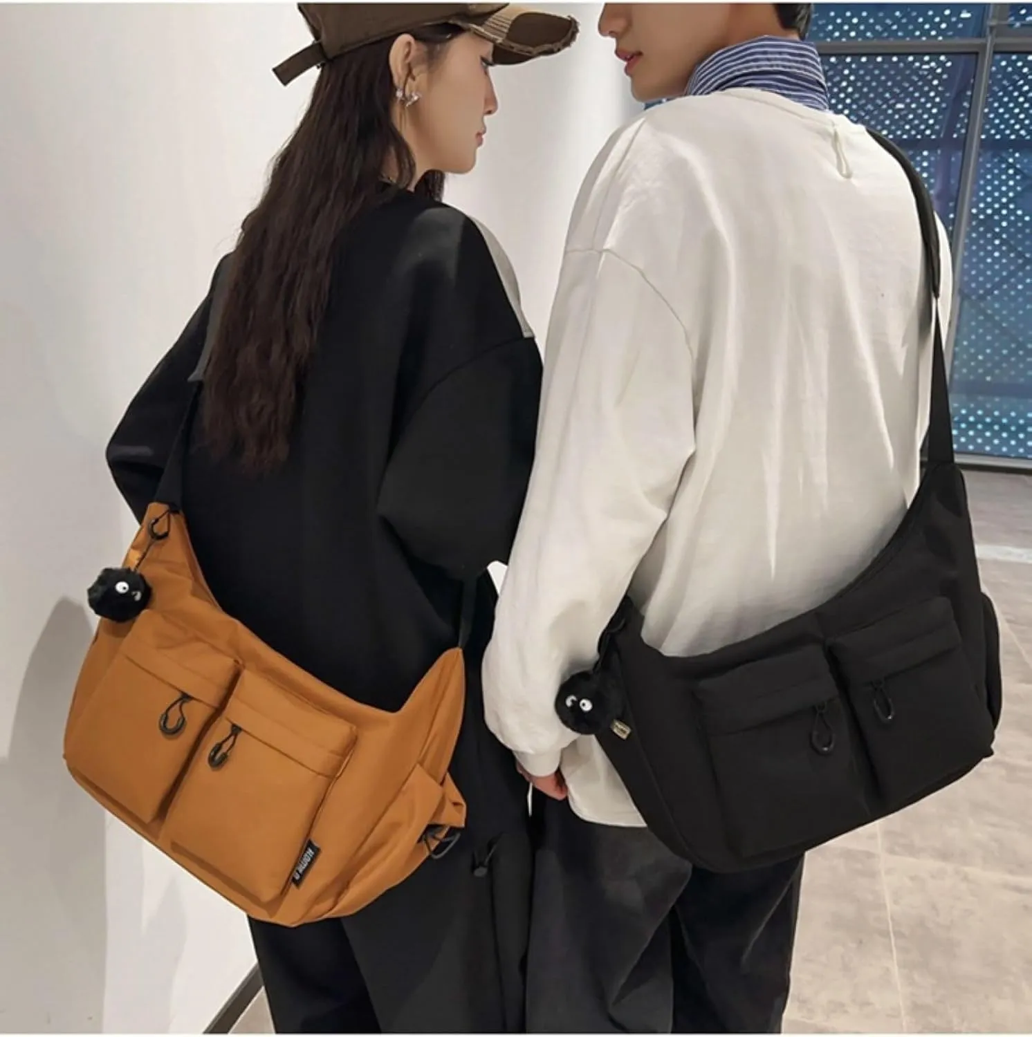 Large capacity messenger canvas bag, large capacity crossbody bag, unisex solid color casual waterproof handbag