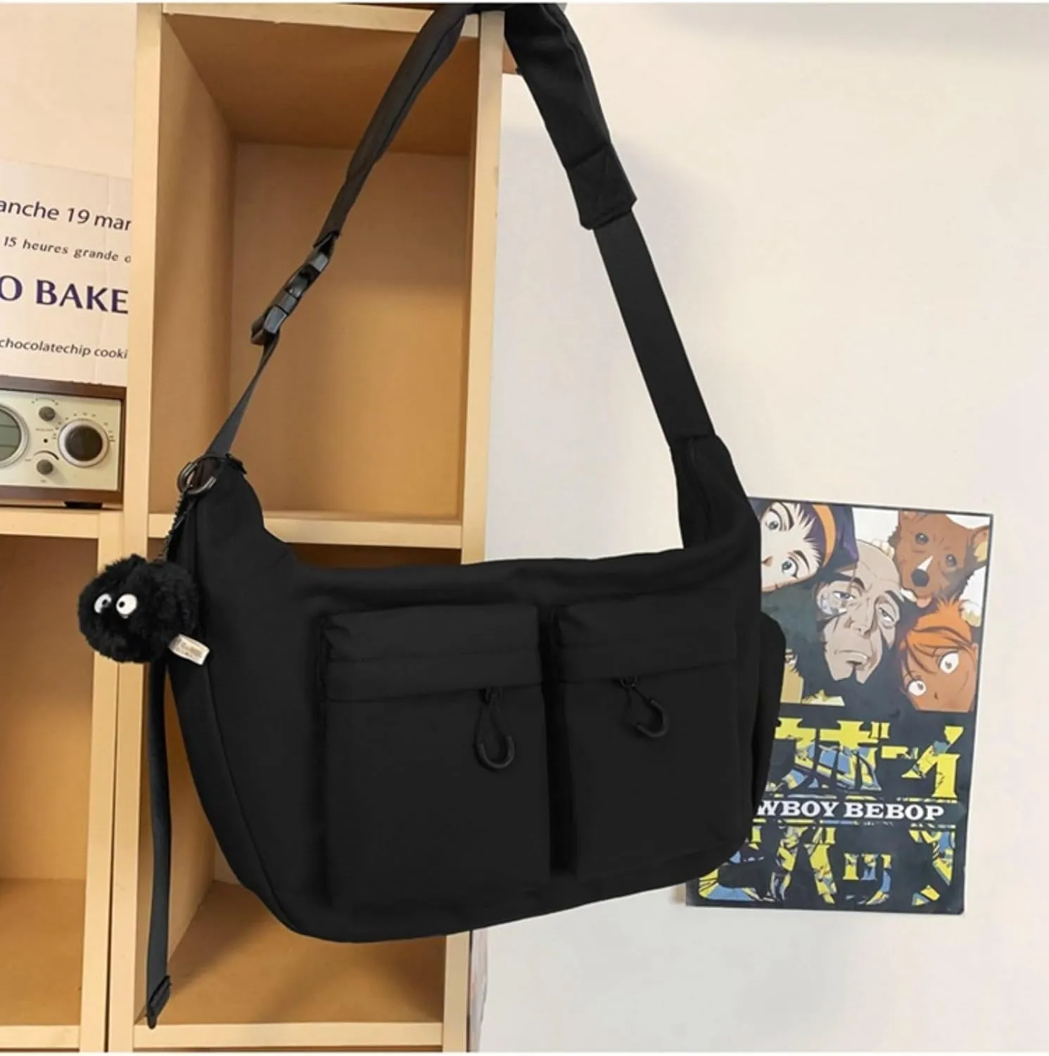 Large capacity messenger canvas bag, large capacity crossbody bag, unisex solid color casual waterproof handbag