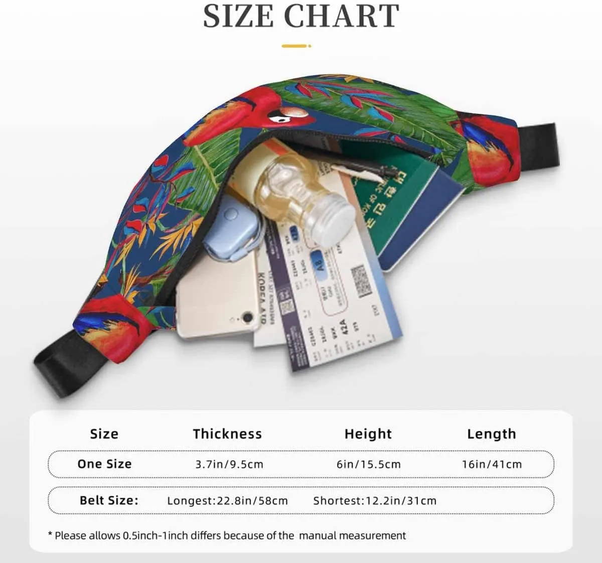 Large Crossbody Bag Waistpack Red Macaw Parrot Tropical Colorful Flowers Leaves Branch Leisure Sports Fanny Pack Zipper Bag for Running, Travel