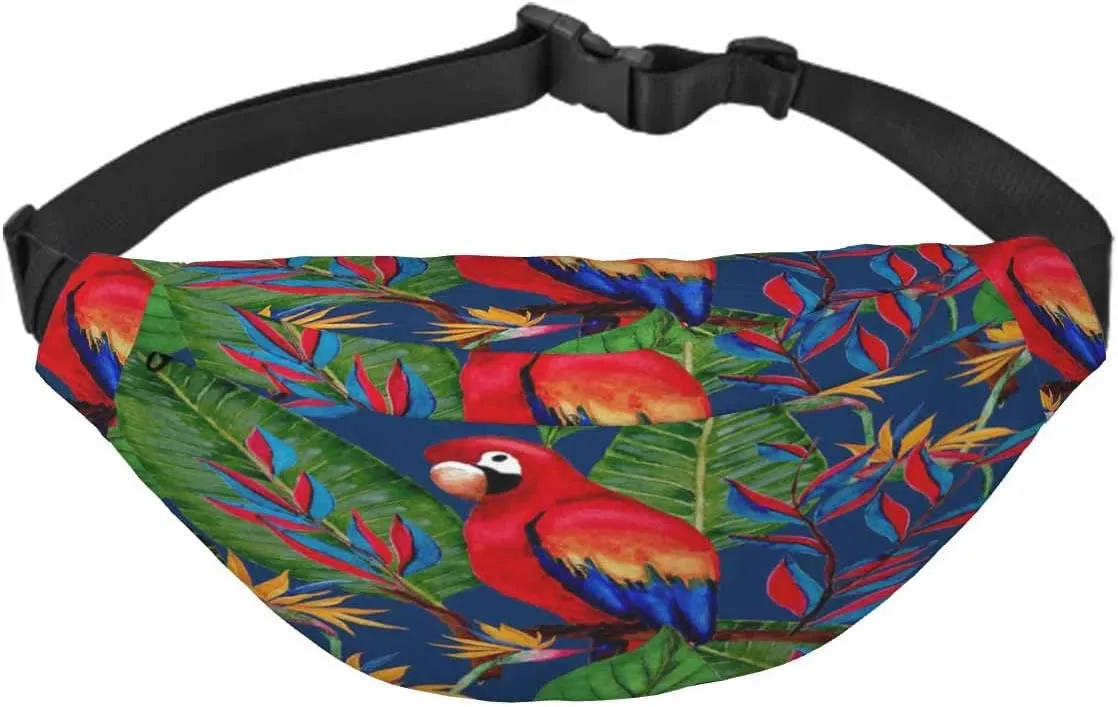 Large Crossbody Bag Waistpack Red Macaw Parrot Tropical Colorful Flowers Leaves Branch Leisure Sports Fanny Pack Zipper Bag for Running, Travel