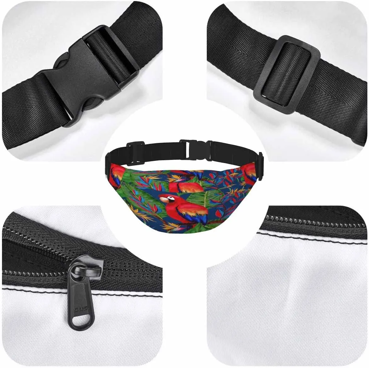 Large Crossbody Bag Waistpack Red Macaw Parrot Tropical Colorful Flowers Leaves Branch Leisure Sports Fanny Pack Zipper Bag for Running, Travel