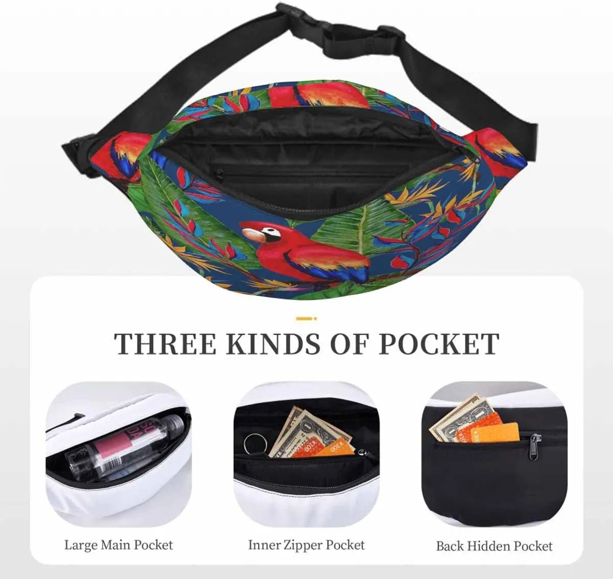 Large Crossbody Bag Waistpack Red Macaw Parrot Tropical Colorful Flowers Leaves Branch Leisure Sports Fanny Pack Zipper Bag for Running, Travel