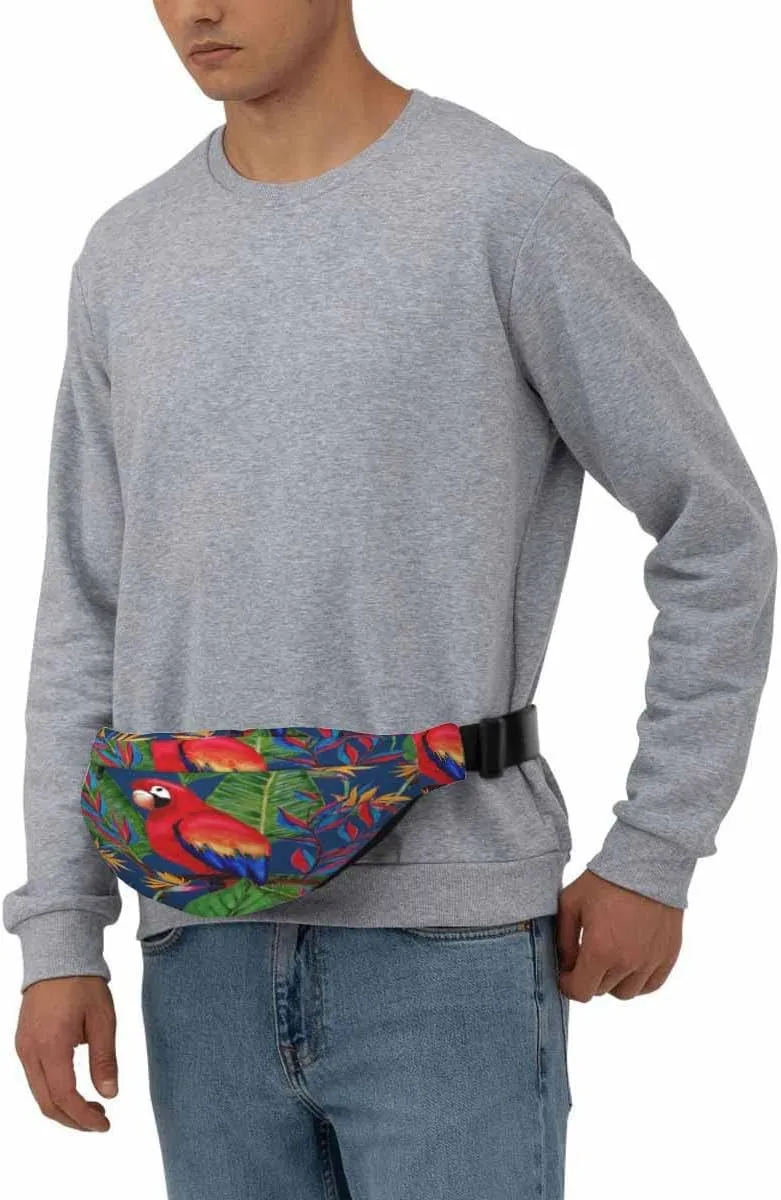 Large Crossbody Bag Waistpack Red Macaw Parrot Tropical Colorful Flowers Leaves Branch Leisure Sports Fanny Pack Zipper Bag for Running, Travel