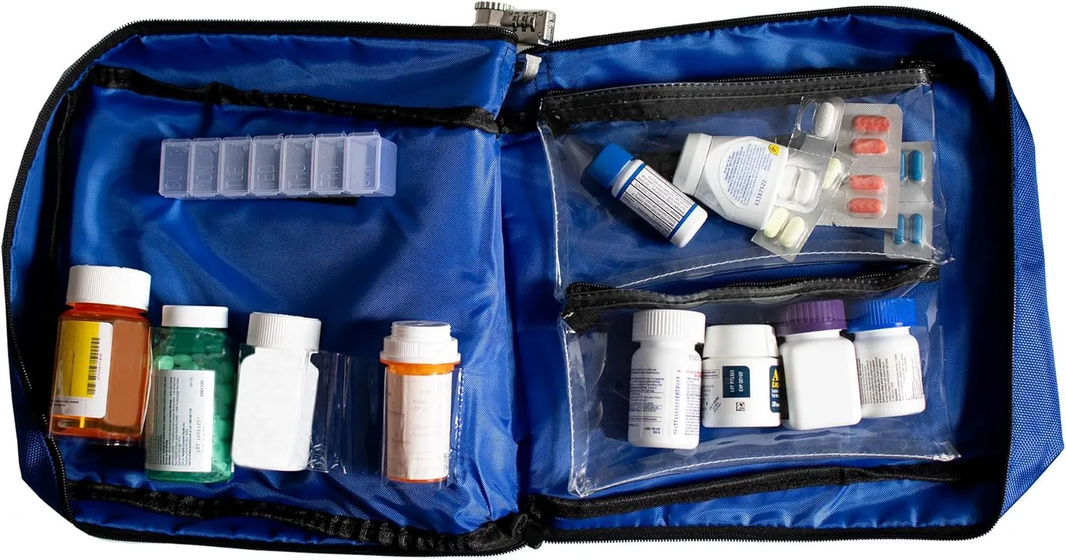 Large Medicine Bag Includes Pill Box and Removable Clear Bags, Combination Lock,12 x 10 x 2 Inch (Royal Blue)