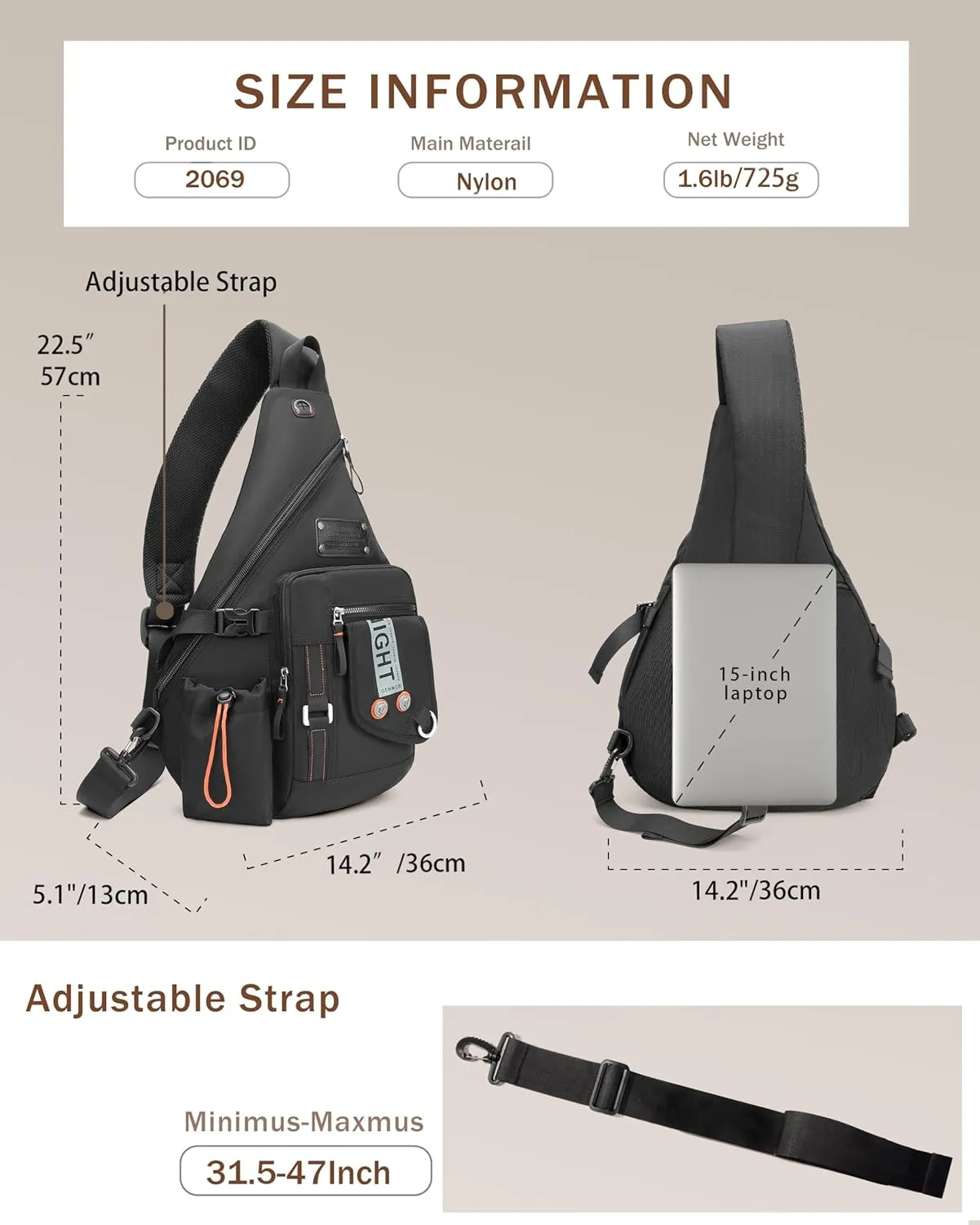 Large Sling Backpack, Sling Chest Bag Shoulder Crossbody Daypacks Fits 14.1-Inch Laptop for Travel Outdoor Men Women