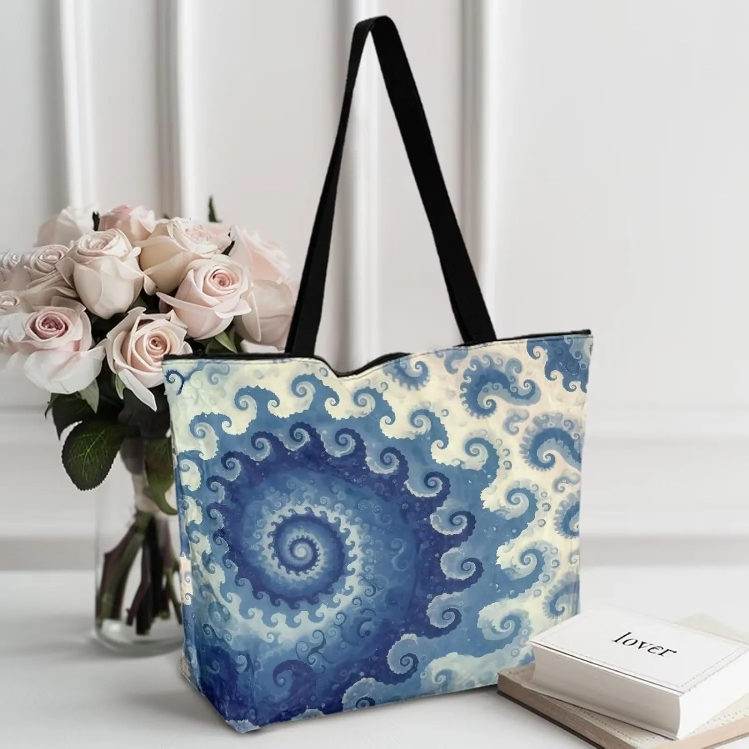 Large Tote Bag with Zipper, Fractal Spiral Art Waterproof Paper Travel Beach Bag, Shoulder Tote Bag for Work Gym