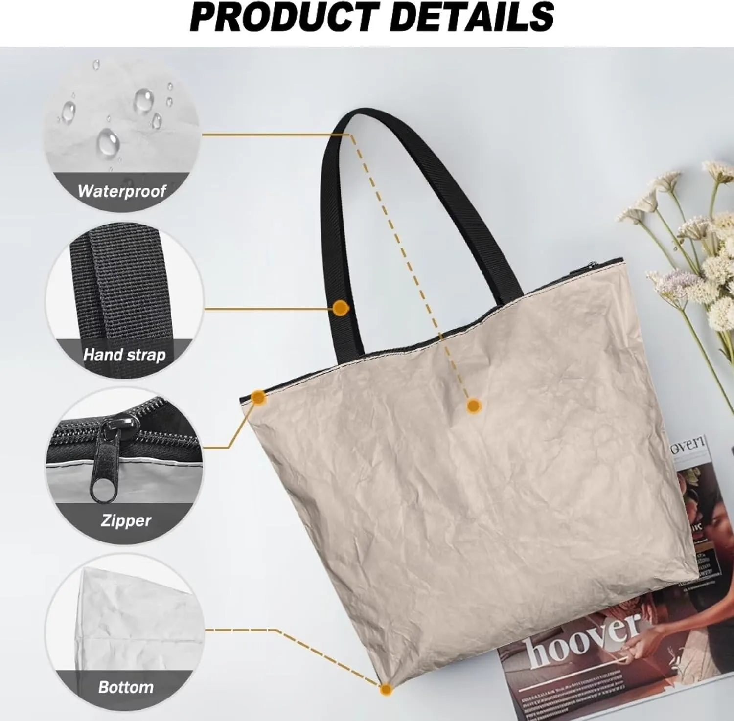 Large Tote Bag with Zipper, Fractal Spiral Art Waterproof Paper Travel Beach Bag, Shoulder Tote Bag for Work Gym