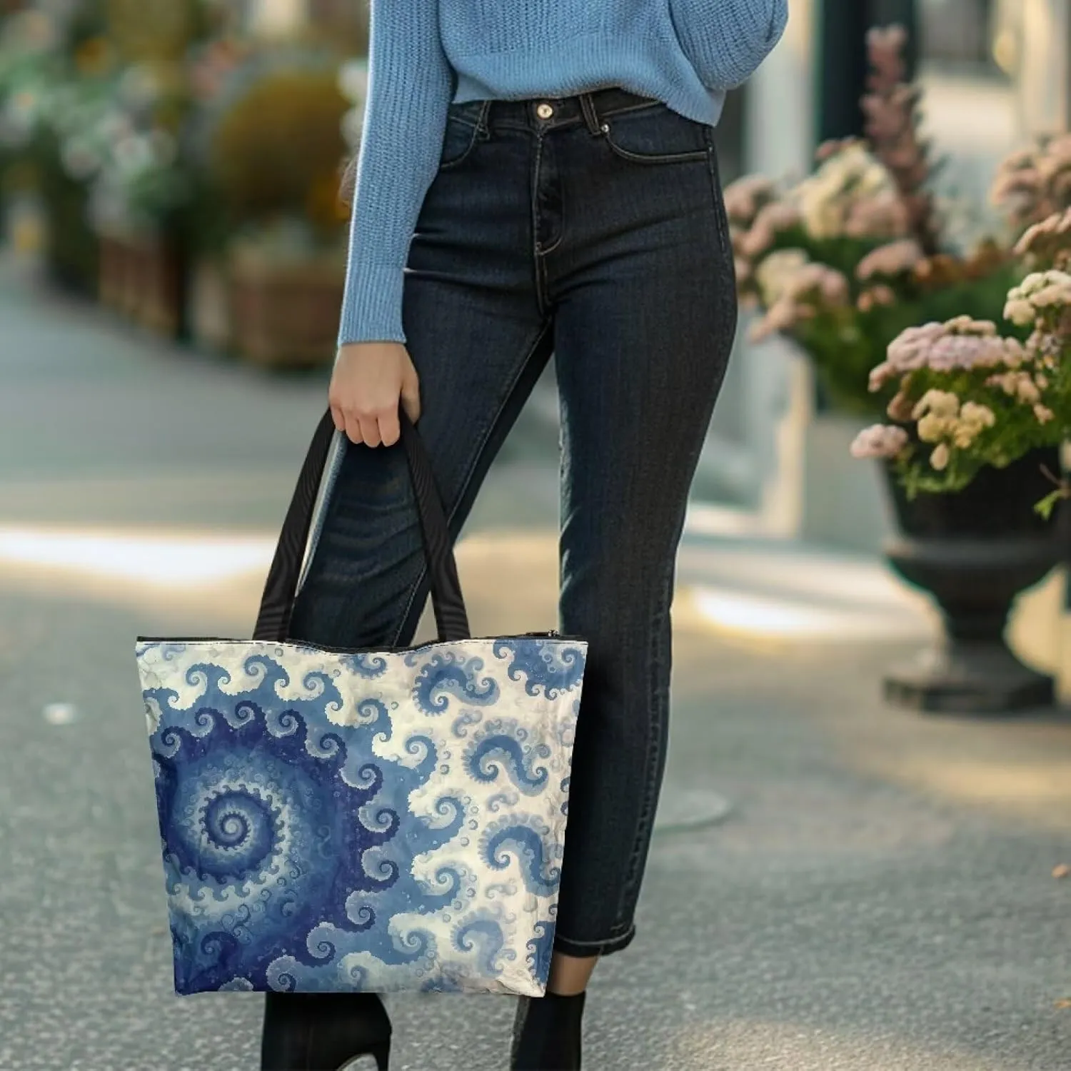 Large Tote Bag with Zipper, Fractal Spiral Art Waterproof Paper Travel Beach Bag, Shoulder Tote Bag for Work Gym