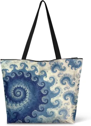 Large Tote Bag with Zipper, Fractal Spiral Art Waterproof Paper Travel Beach Bag, Shoulder Tote Bag for Work Gym