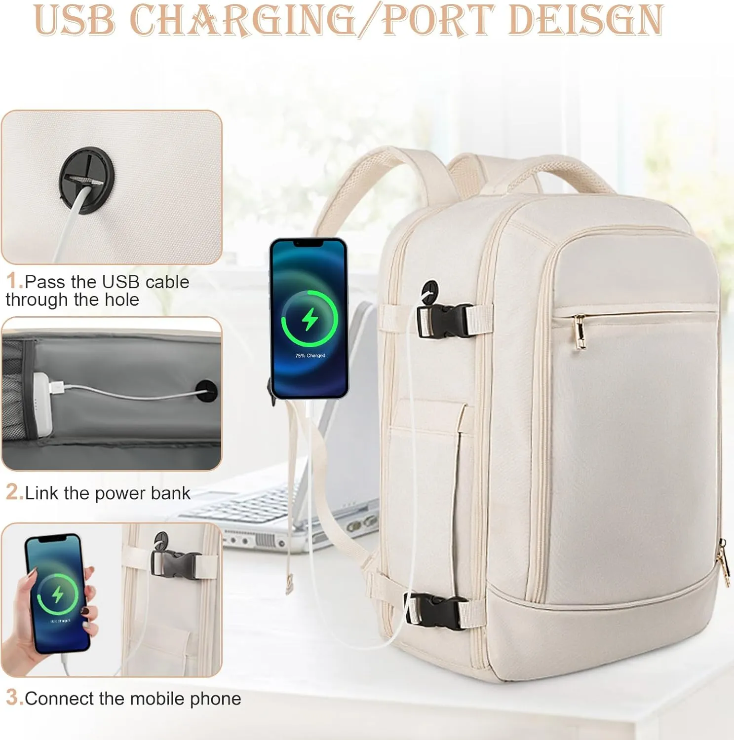 Large Travel Backpack for Men Women, TSA Friendly Airline-approved Carry on Backpack, 40L Casual Daypack Weekender Backpack Personal Item Size, Beige